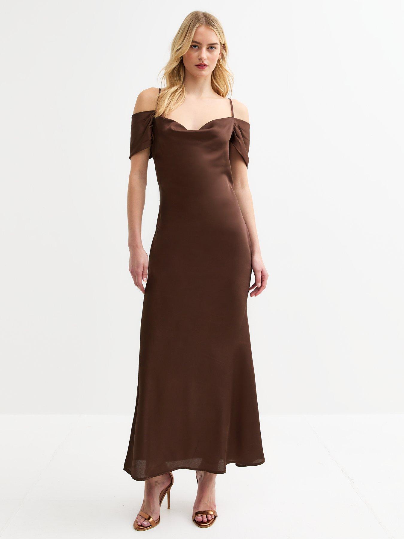 New Look Tall Dark Brown Bardot Satin Midi Dress
