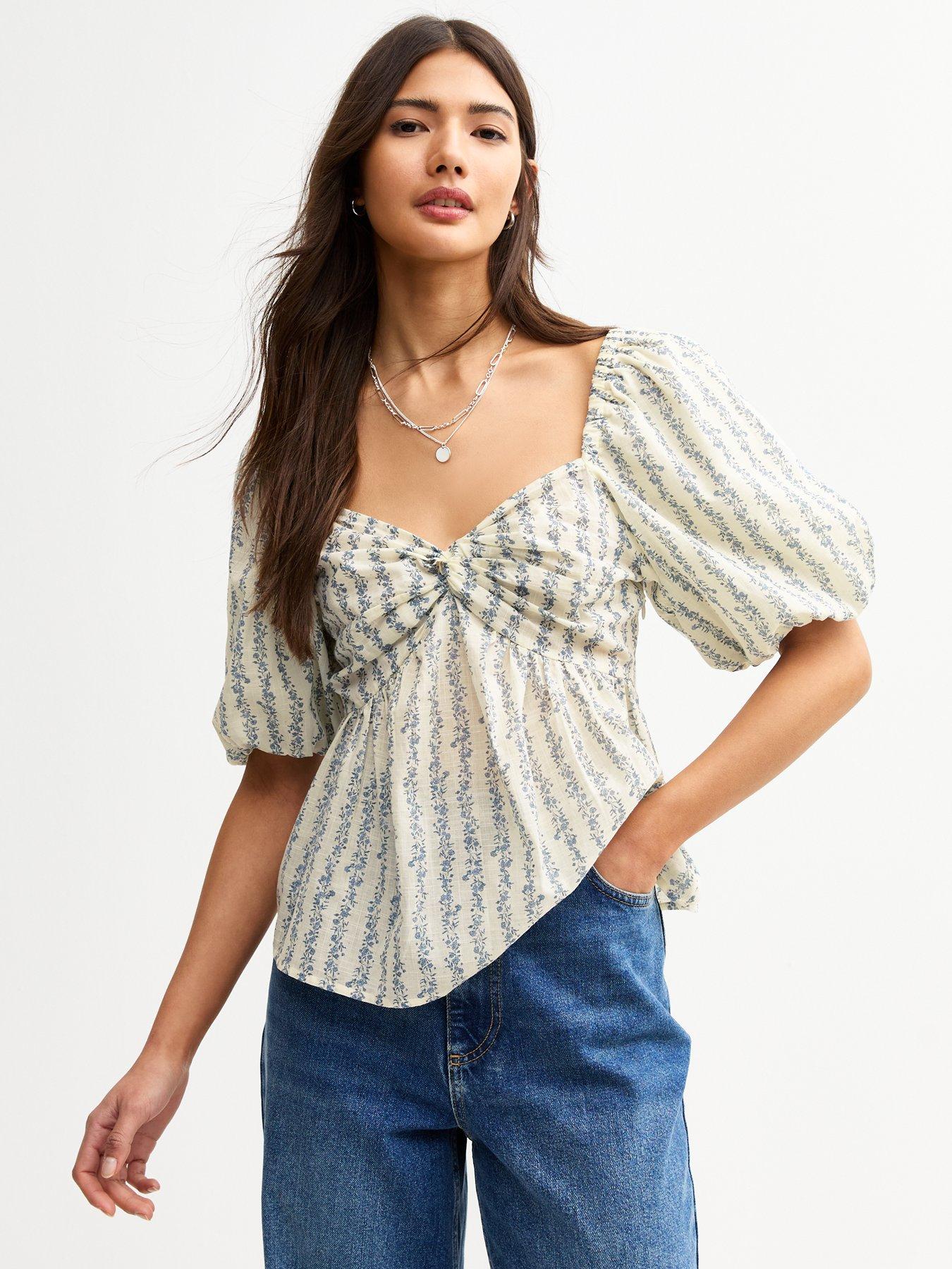 new-look-floral-print-puff-sleeve-milkmaid-top-blue
