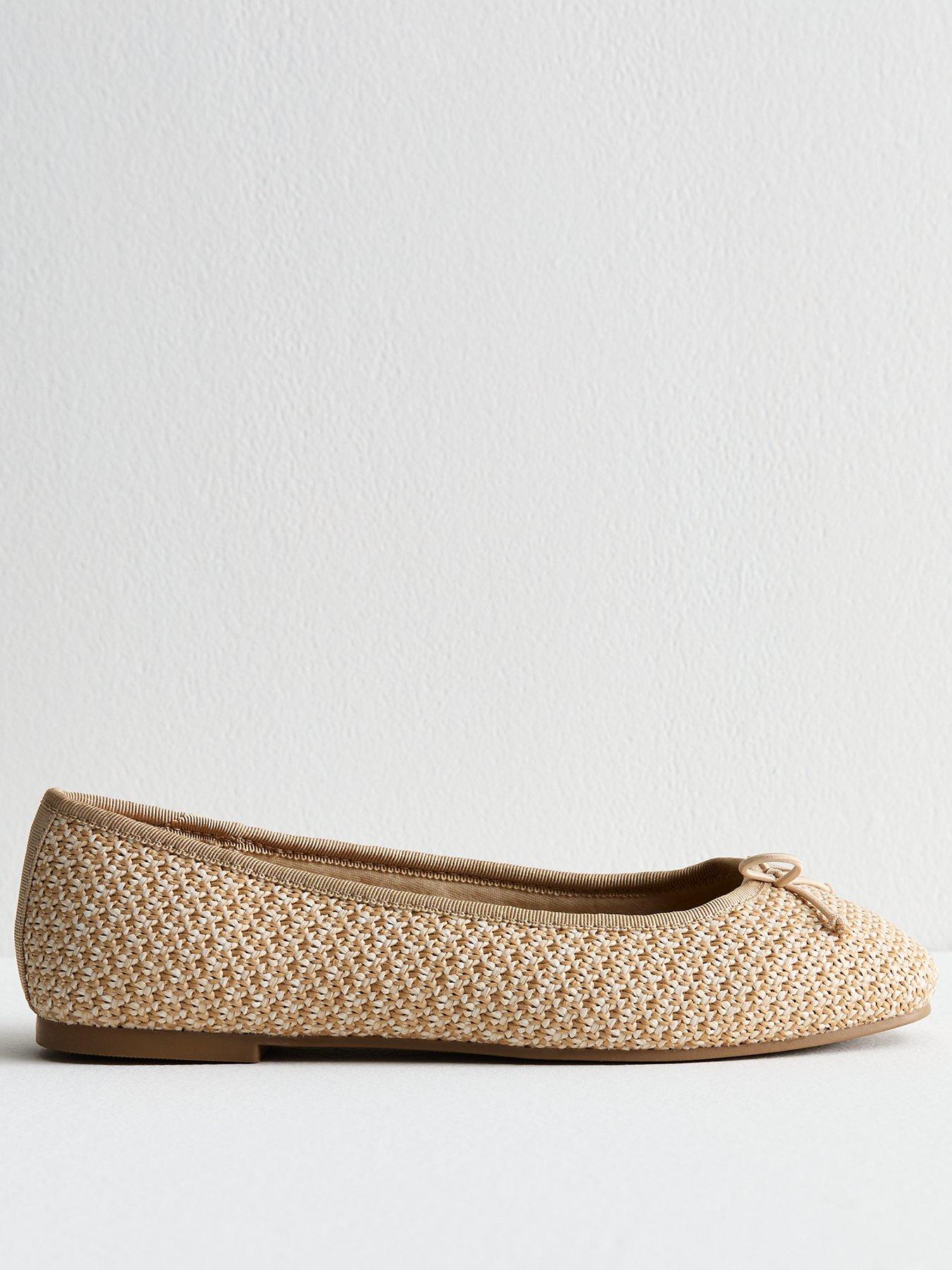 undefined Wide Fit Off White Raffia Look Bow Detail Ballerina Pumps