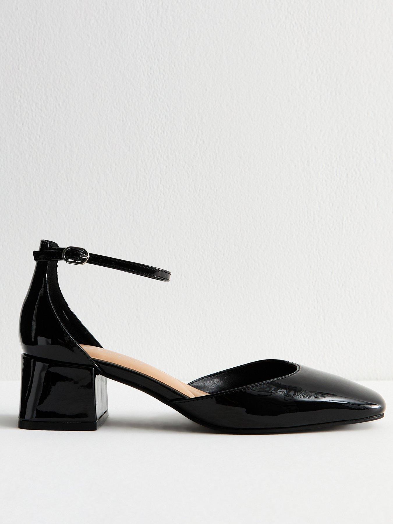 New Look Faux Patent Block Heel Open Court Shoes - Black