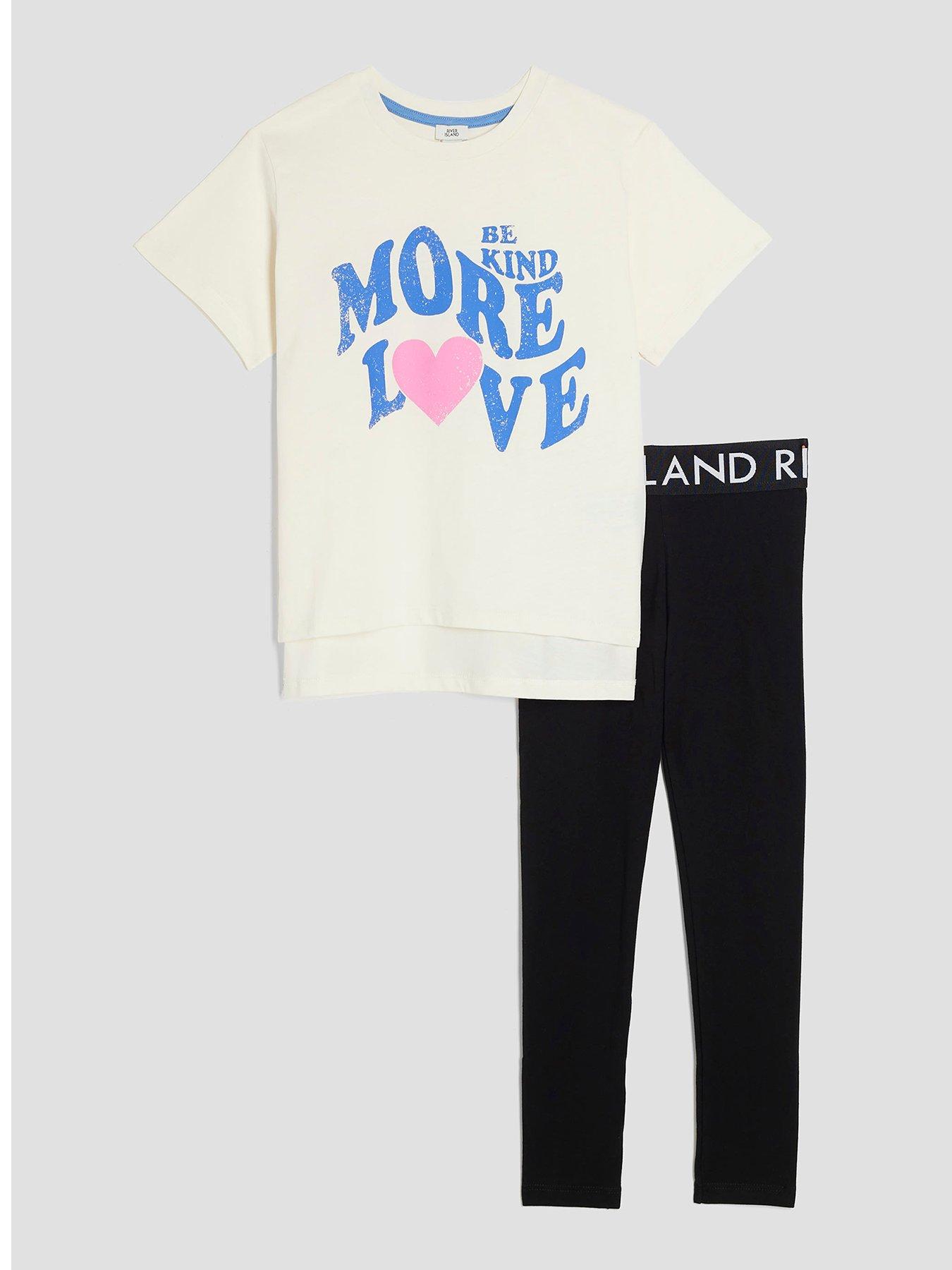 Image 1 of 5 of River Island Girls "More Love" Top And Legging Set - Cream