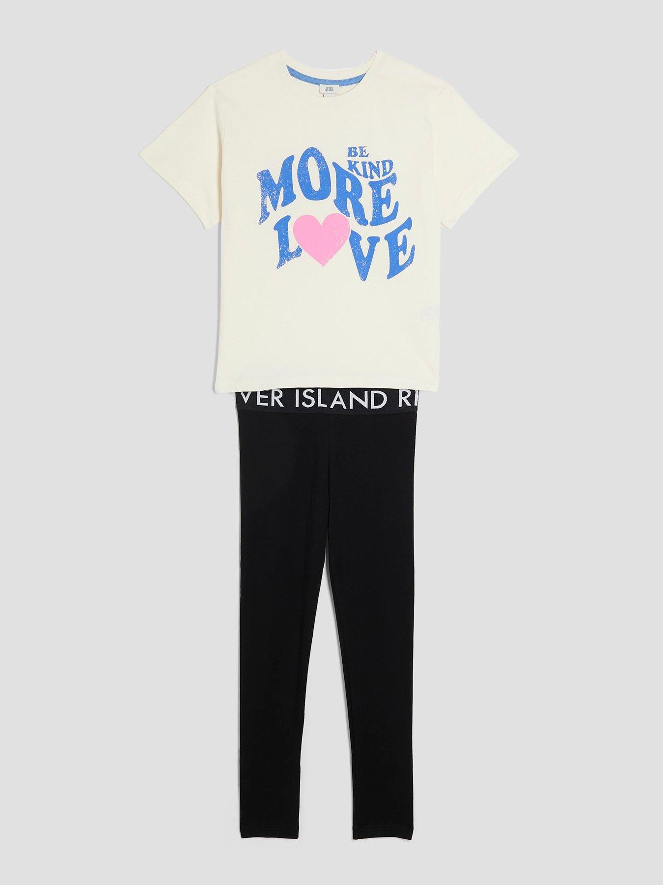 Image 2 of 5 of River Island Girls "More Love" Top And Legging Set - Cream