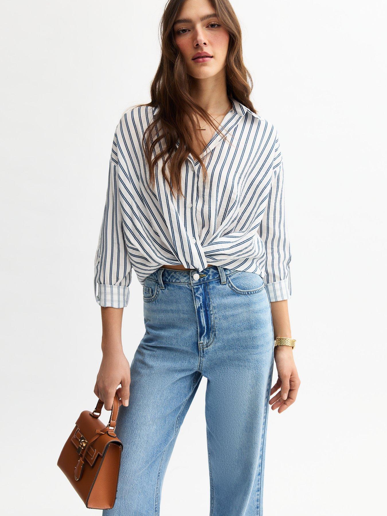 Image 1 of 5 of New Look Striped Twist Front Shirt - Blue