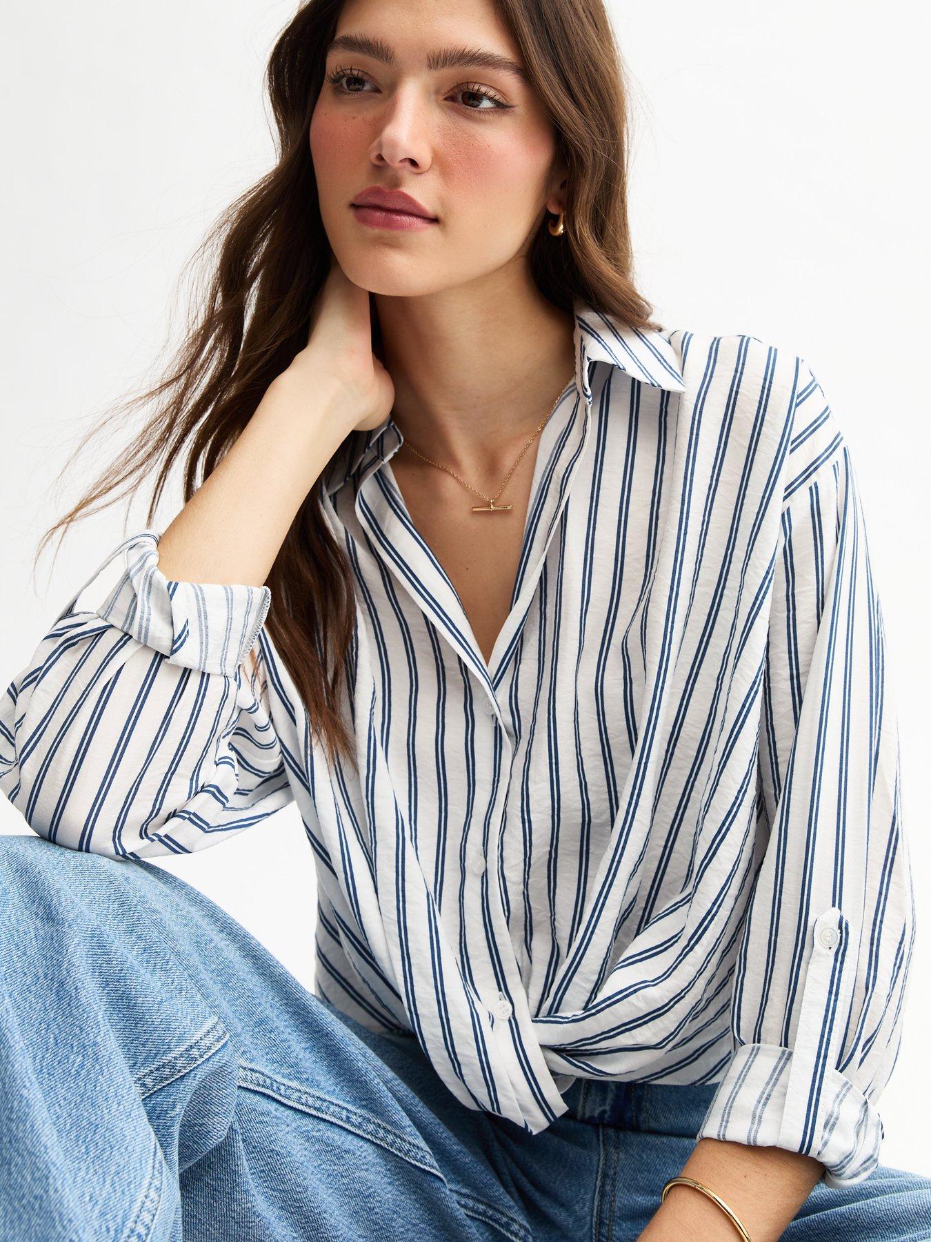 Image 4 of 5 of New Look Striped Twist Front Shirt - Blue