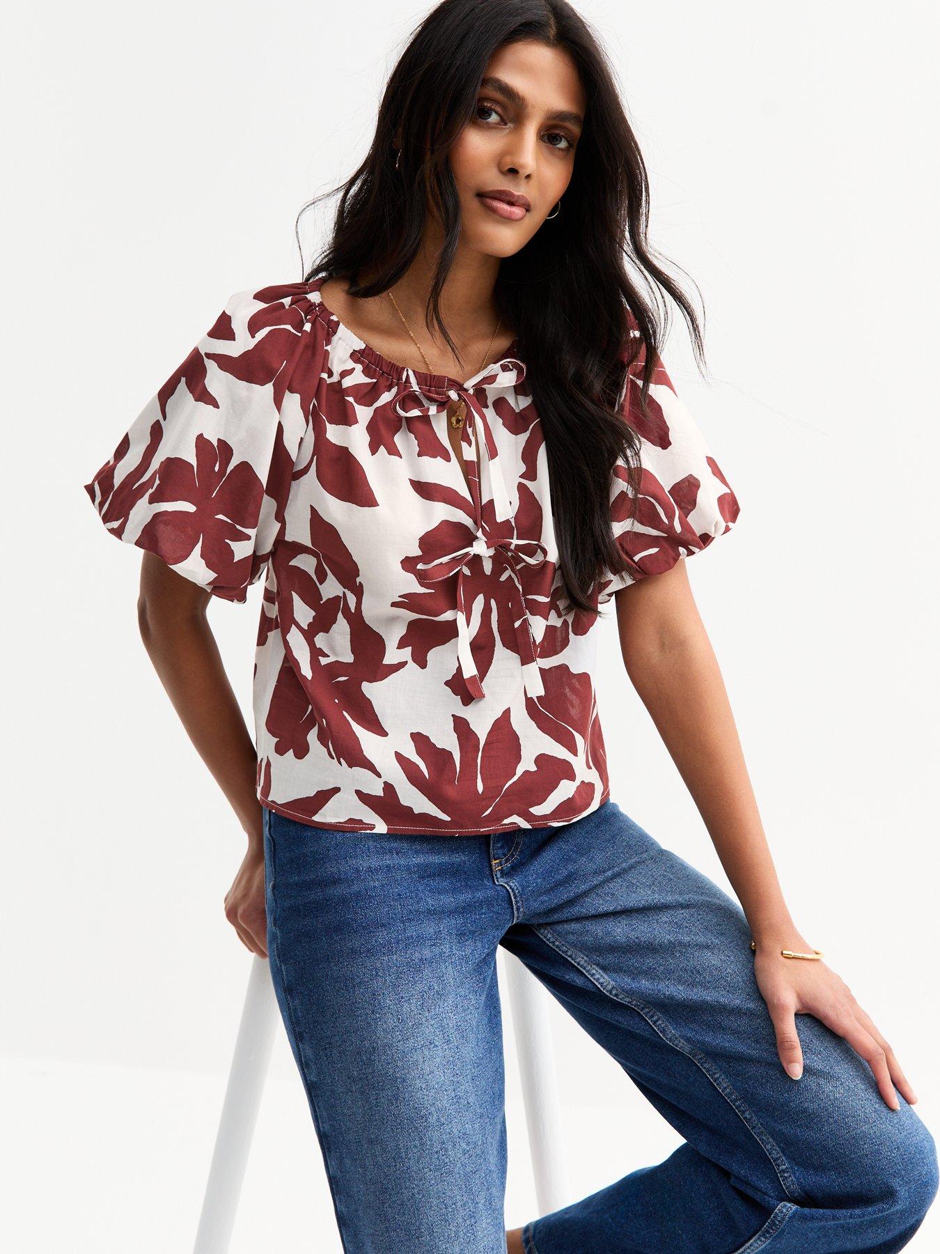 Image 1 of 6 of New Look Printed Tie Front Puff Sleeve Top - White