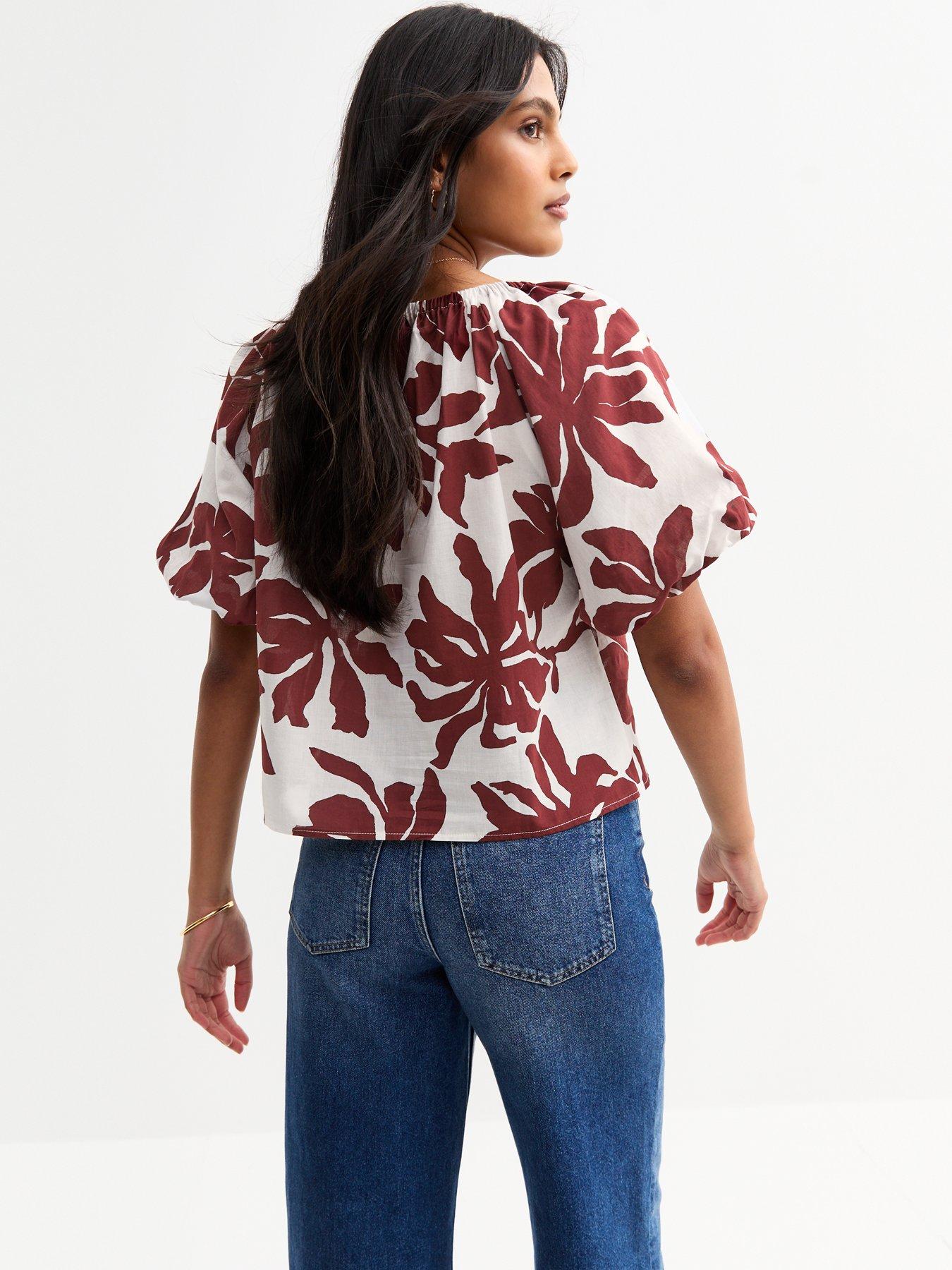 Image 2 of 6 of New Look Printed Tie Front Puff Sleeve Top - White