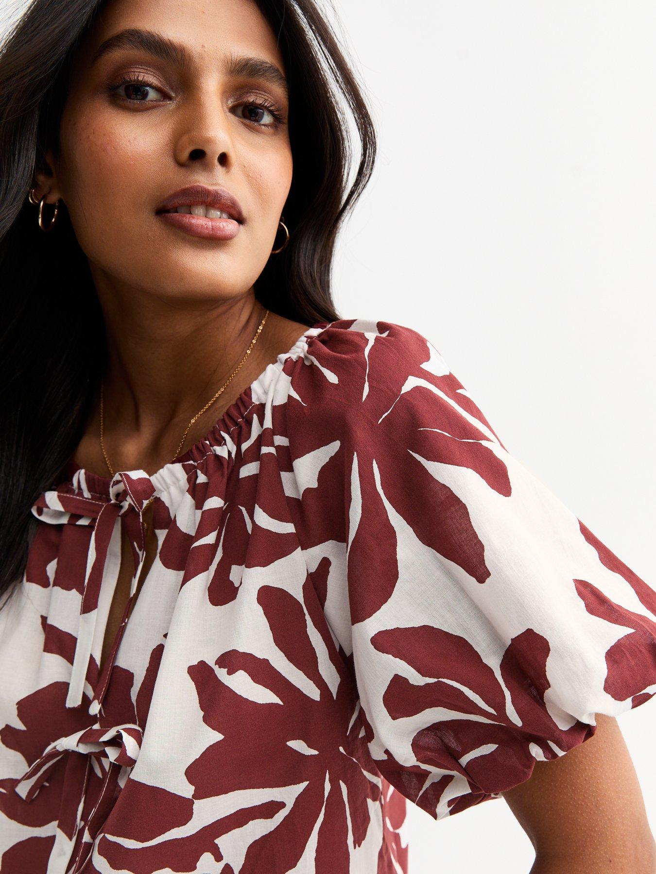 Image 4 of 6 of New Look Printed Tie Front Puff Sleeve Top - White