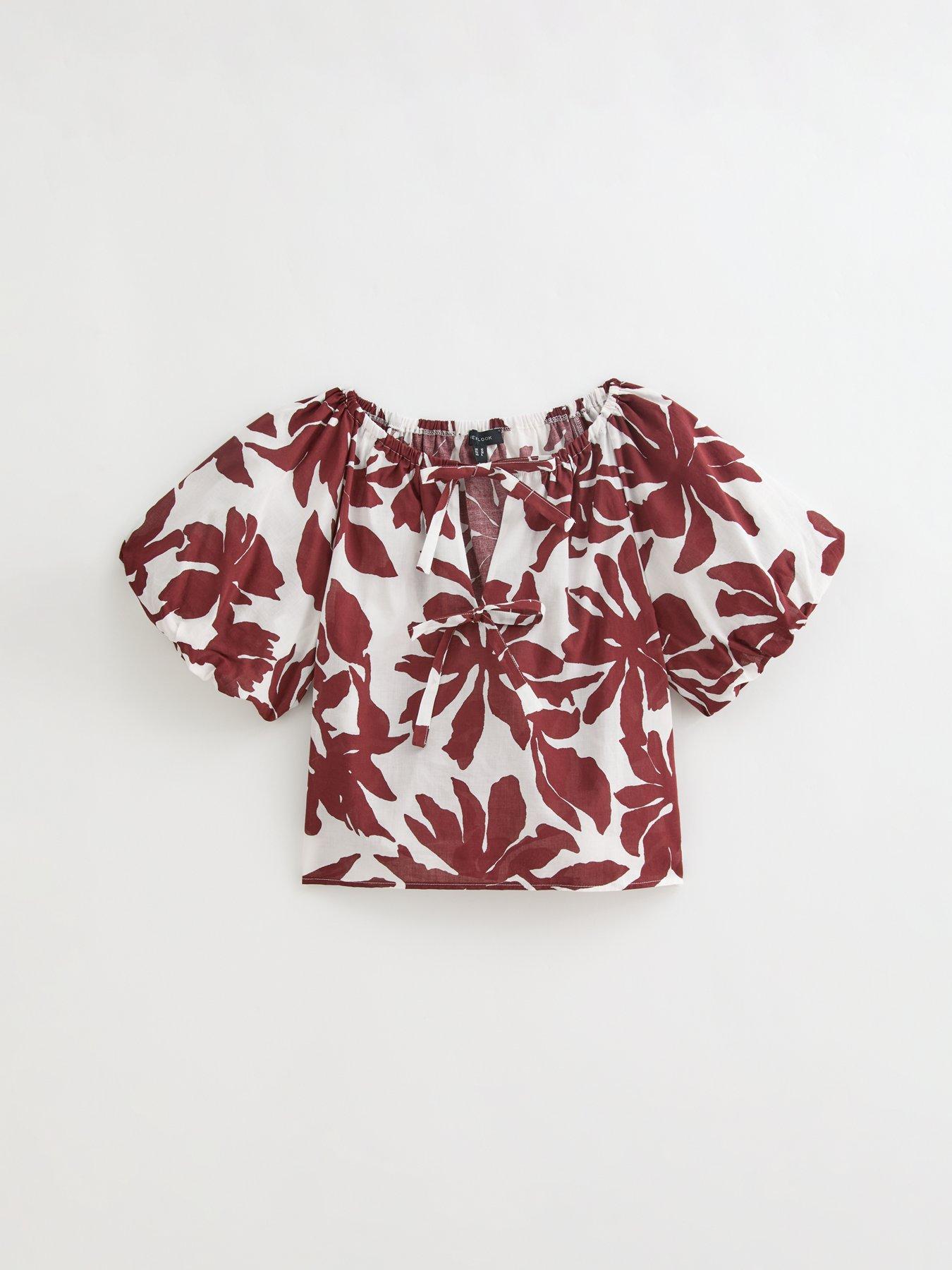 Image 5 of 6 of New Look Printed Tie Front Puff Sleeve Top - White