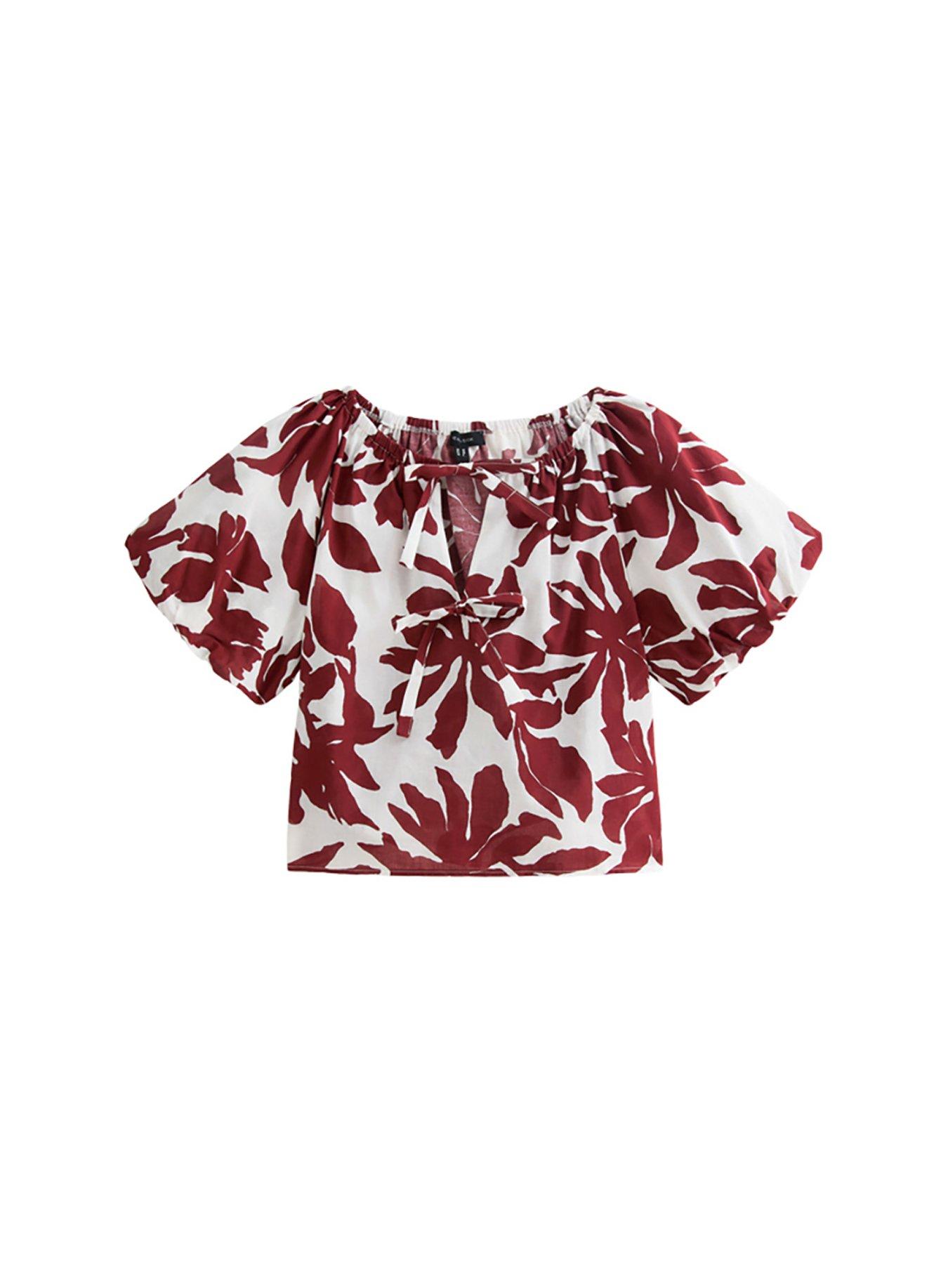 Image 6 of 6 of New Look Printed Tie Front Puff Sleeve Top - White
