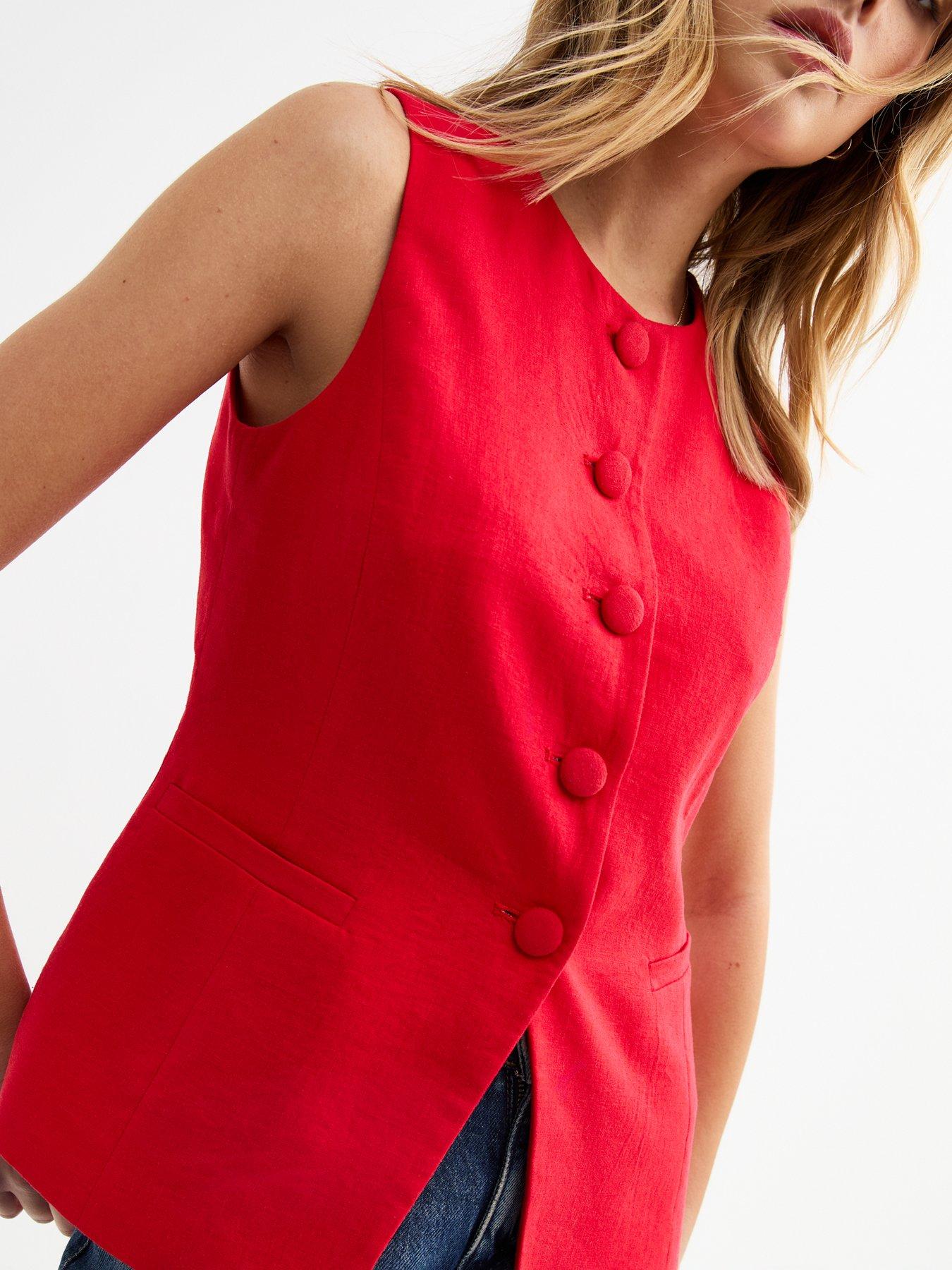 Image 1 of 6 of New Look Round Neck Linen Blend Waistcoat - Red