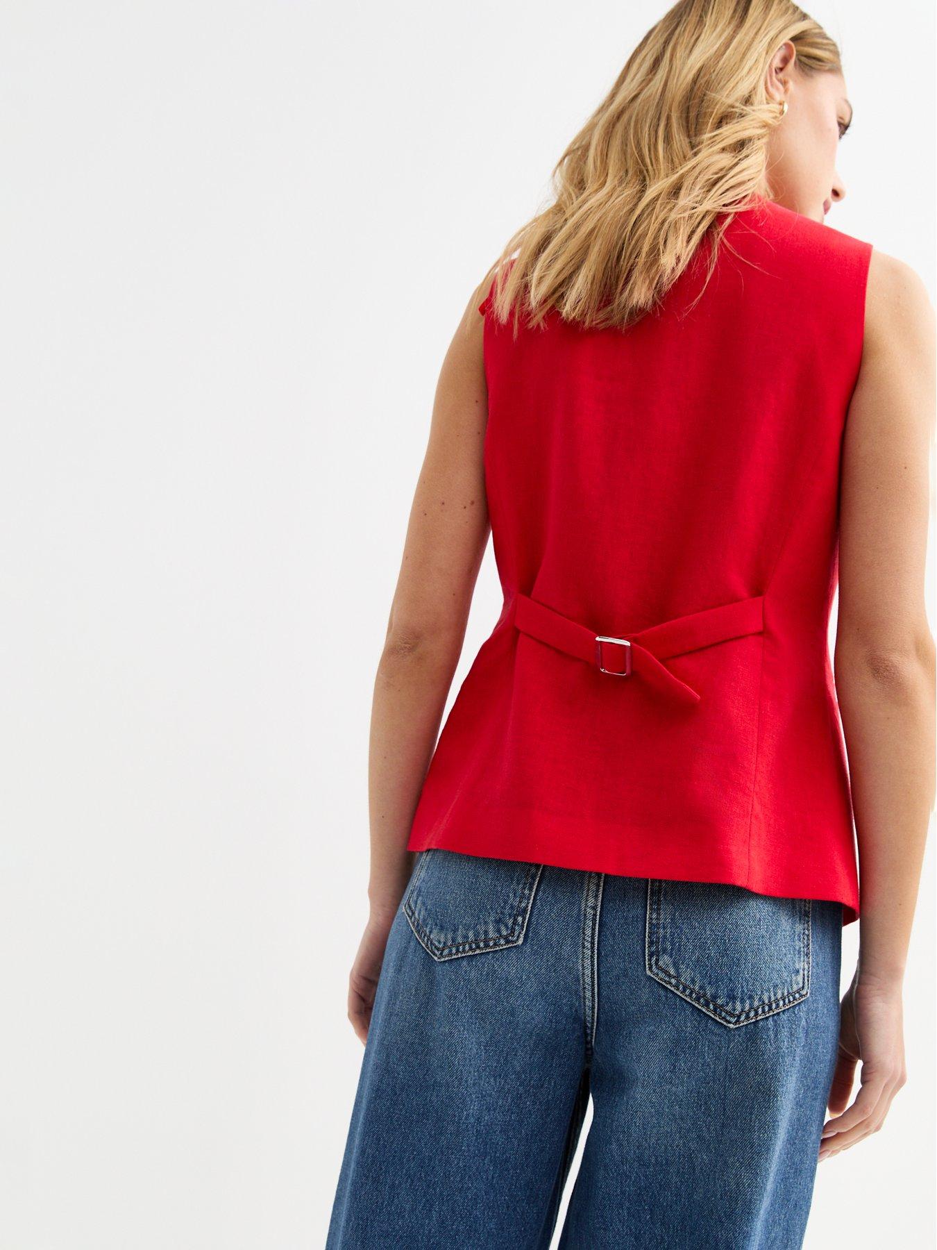 Image 2 of 6 of New Look Round Neck Linen Blend Waistcoat - Red