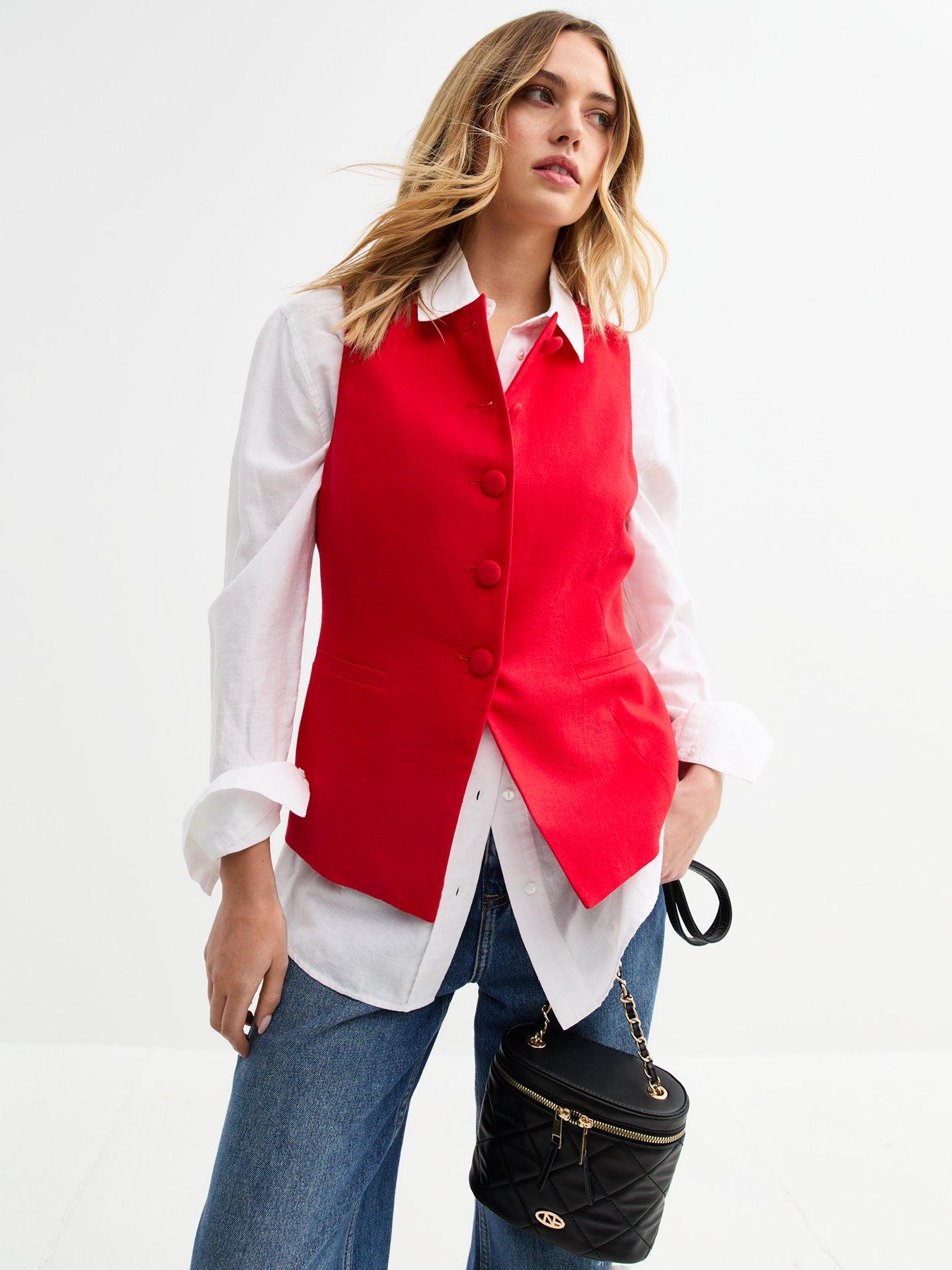 Image 4 of 6 of New Look Round Neck Linen Blend Waistcoat - Red