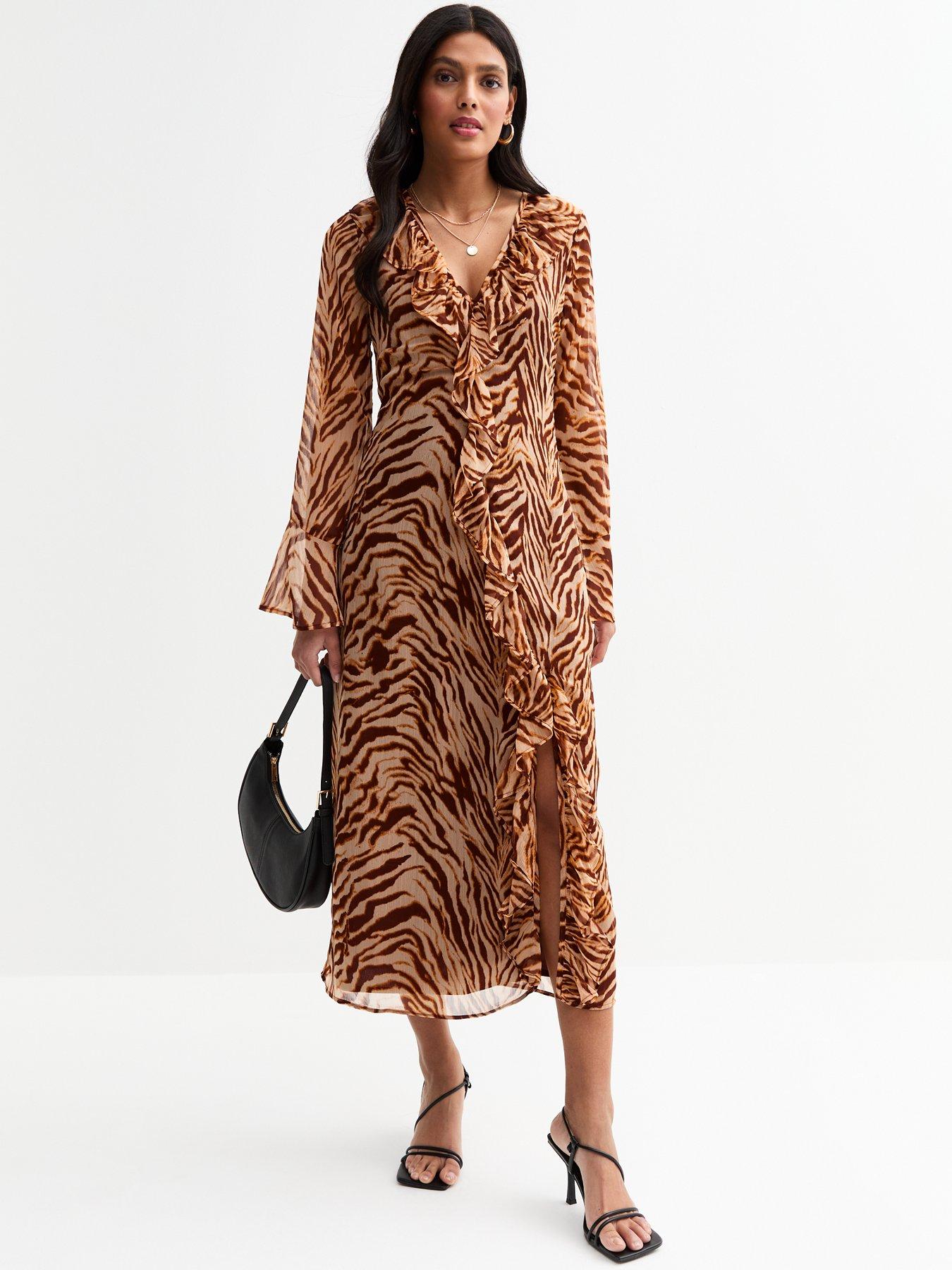 Image of New Look Brown Animal Print Chiffon Midi Dress