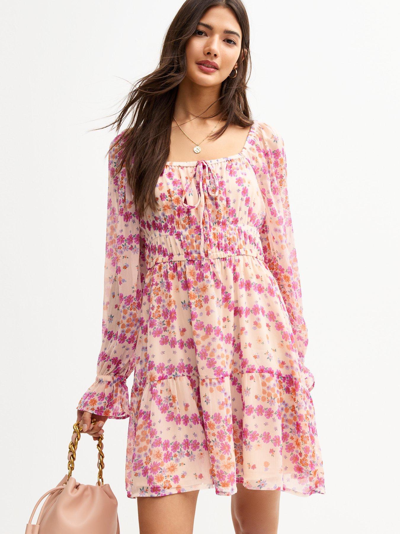 New Look Floral Print Chiffon Long Sleeve Milkmaid Mini Dress - White