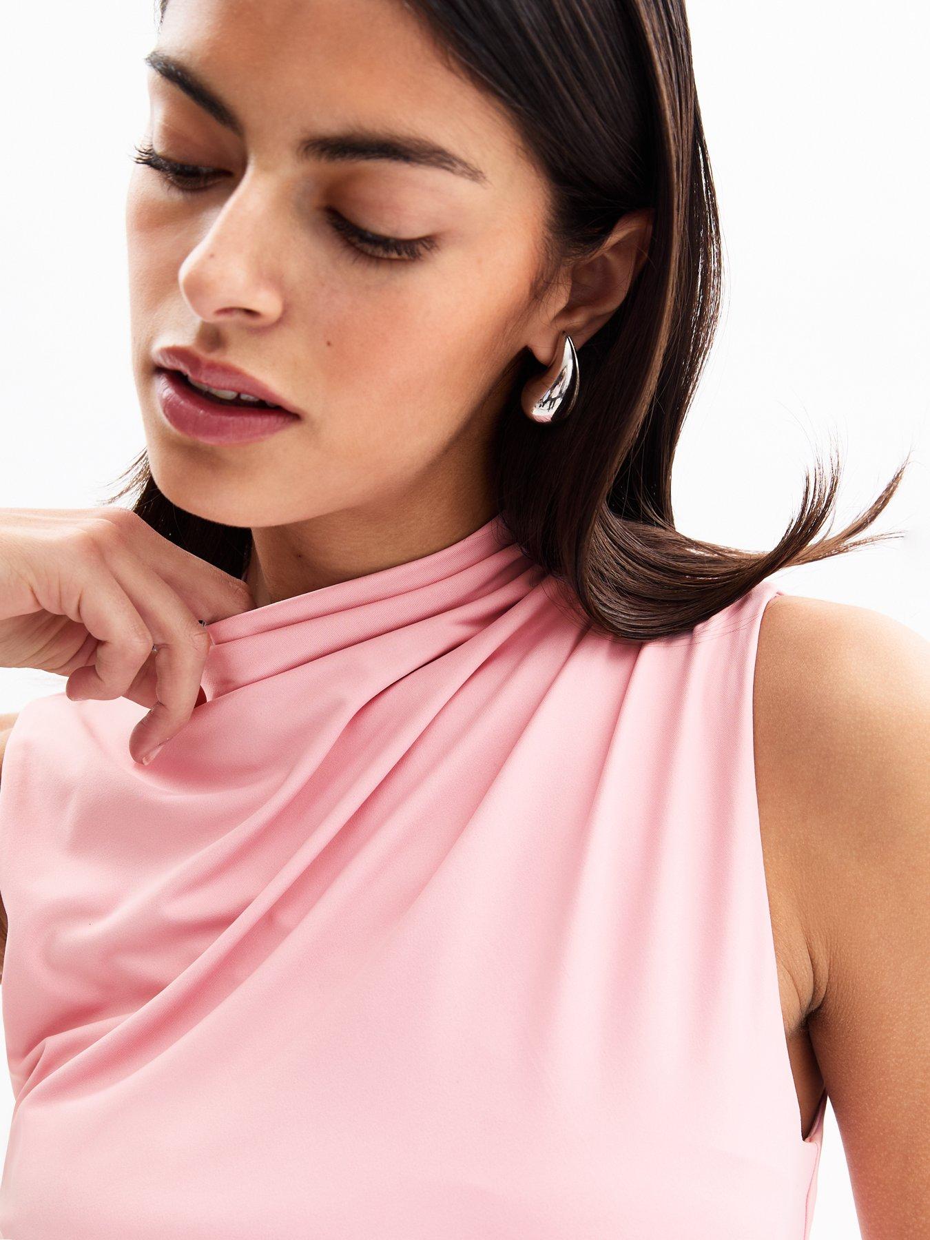 Image 5 of 5 of New Look Jersey High Neck Ruched Midi Dress - Pink