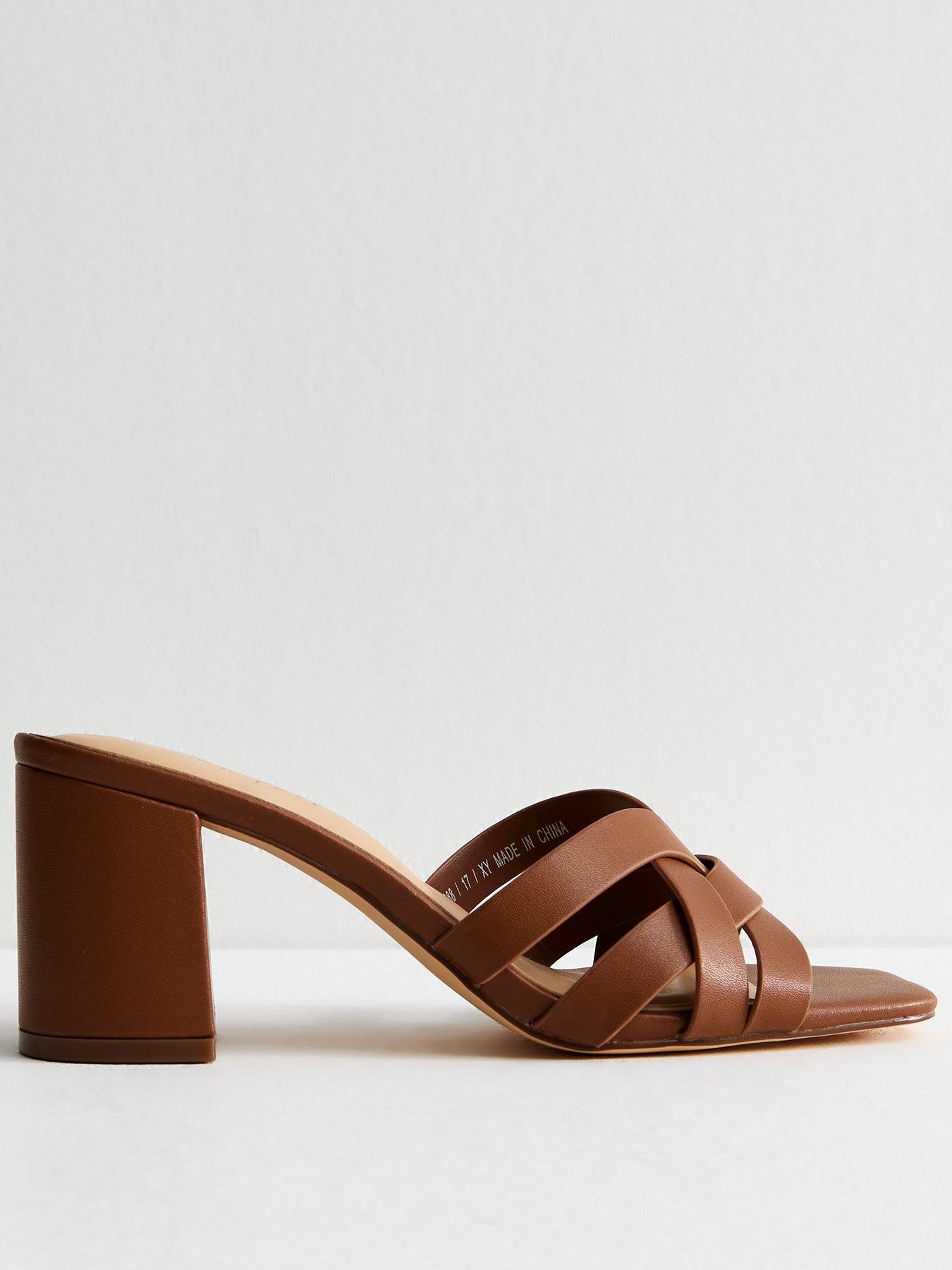Image 1 of 6 of New Look Camel Brown Woven Strap Block Heel Sandals