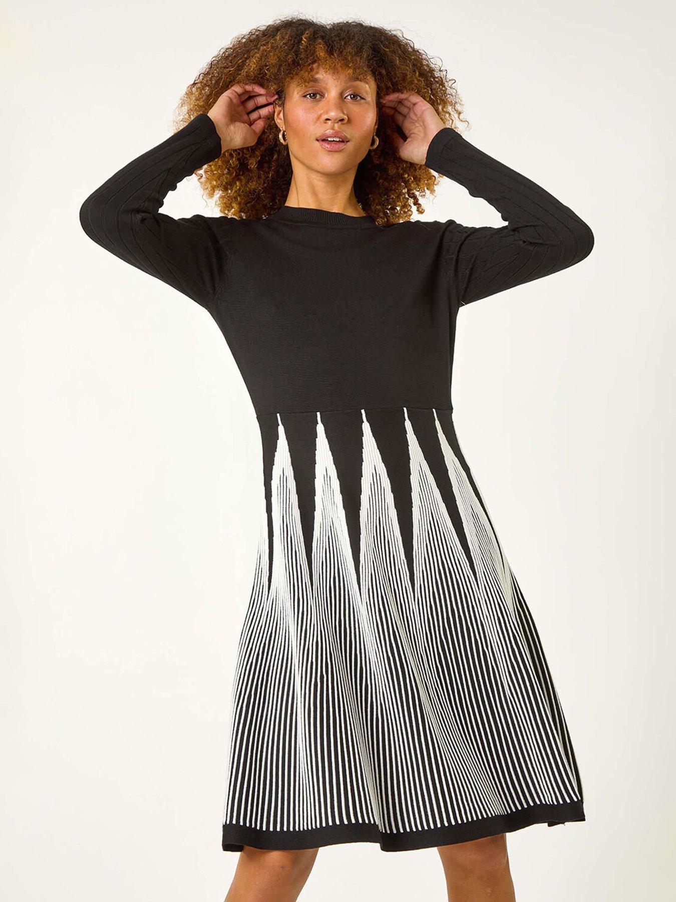 Roman Contrast Pattern Knitted Dress - Black