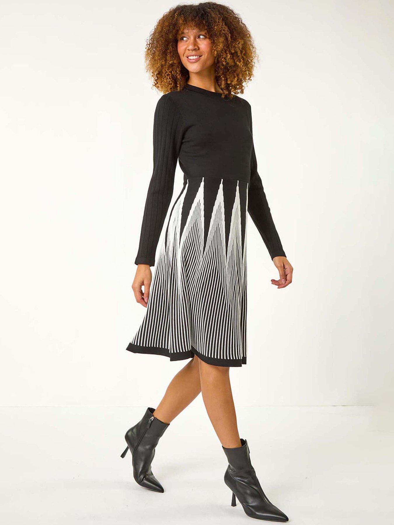 Image 3 of 5 of Roman Contrast Pattern Knitted Dress - Black