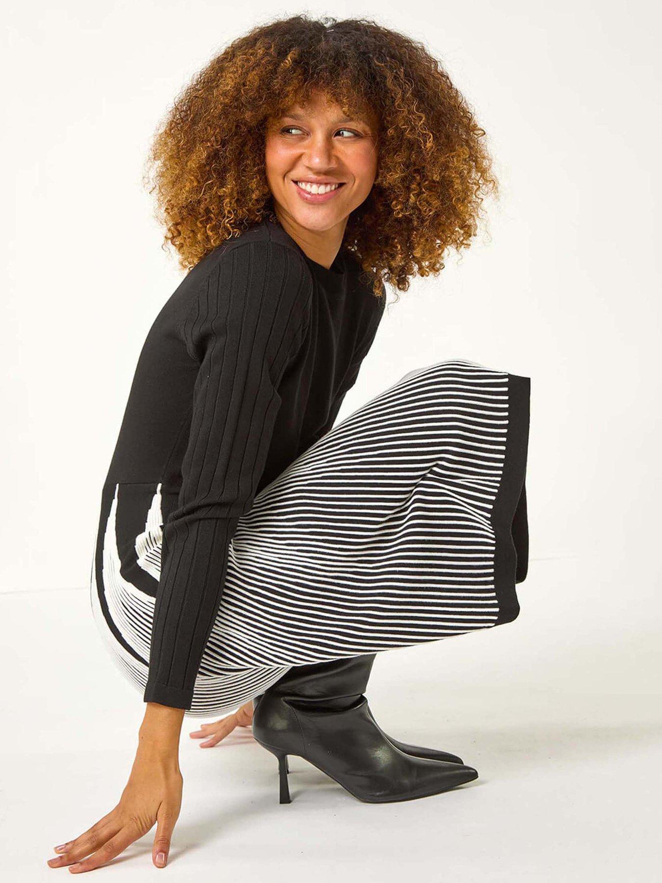 Image 4 of 5 of Roman Contrast Pattern Knitted Dress - Black