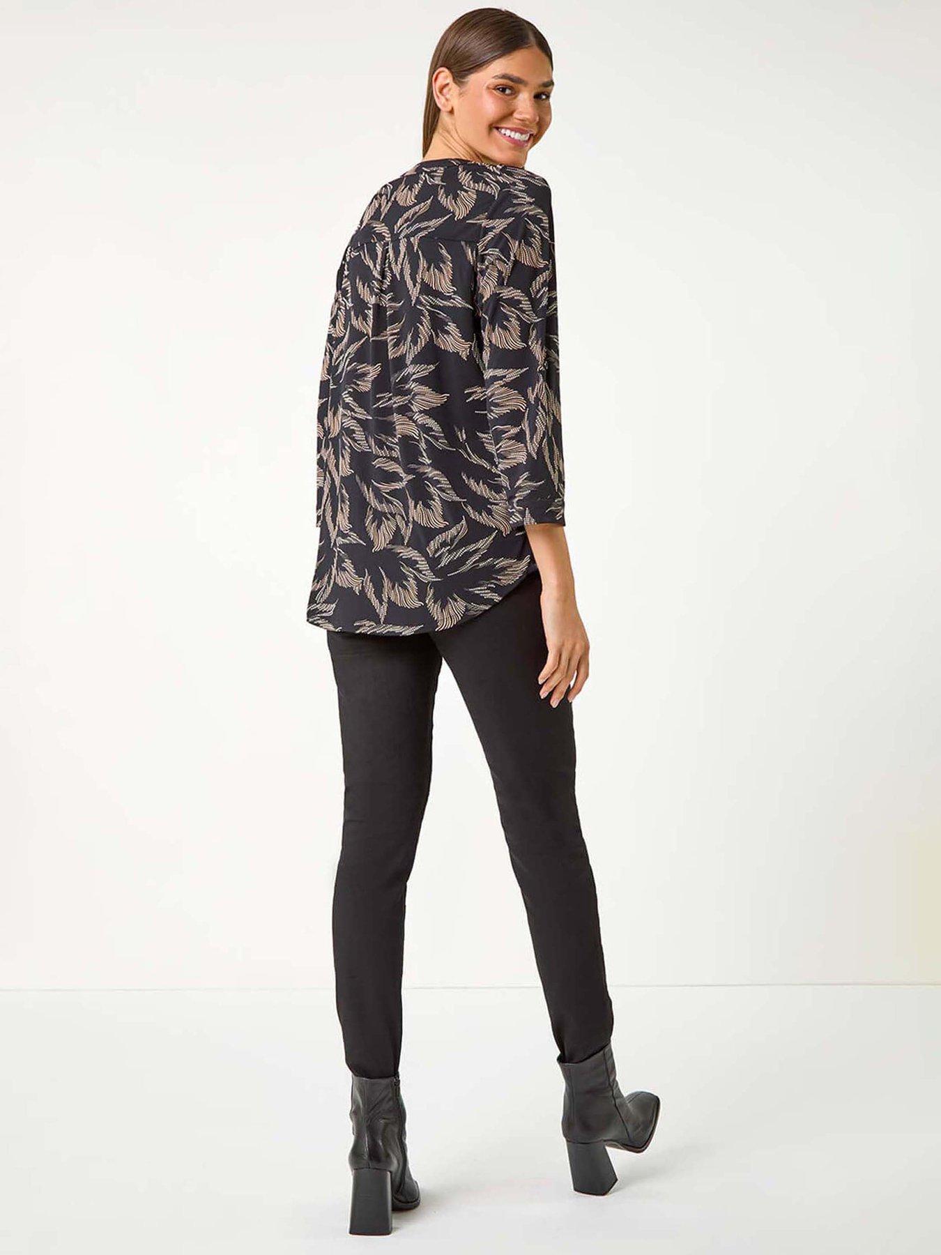roman-textured-abstract-print-v-neck-stretch-shirt-beigestillFront