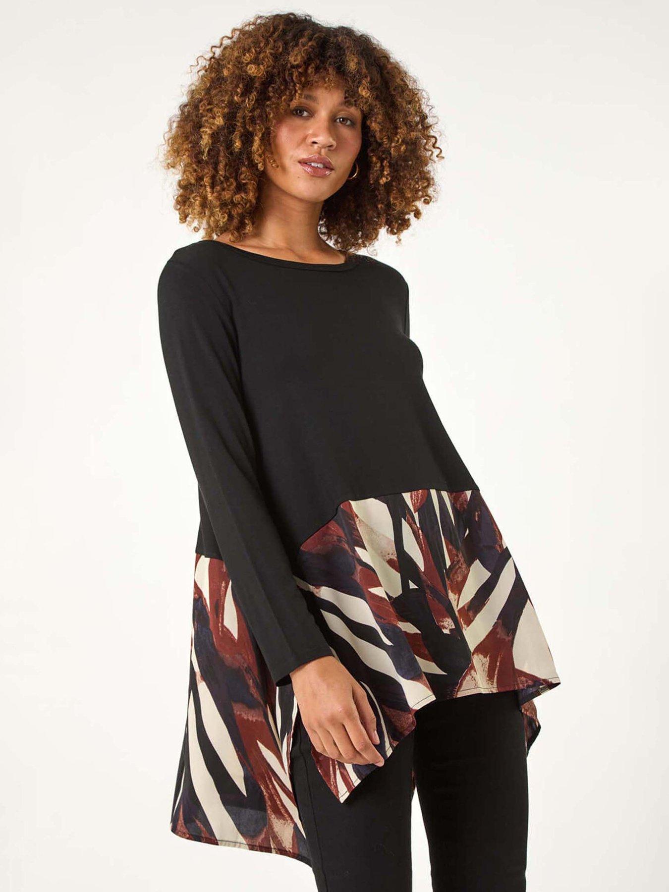Roman 2 In 1 Abstract Print Chiffon Hem Top - Black