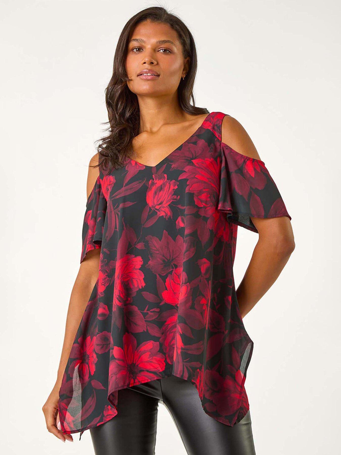 Roman Floral Print Cold Shoulder Asymmetric Top - Red
