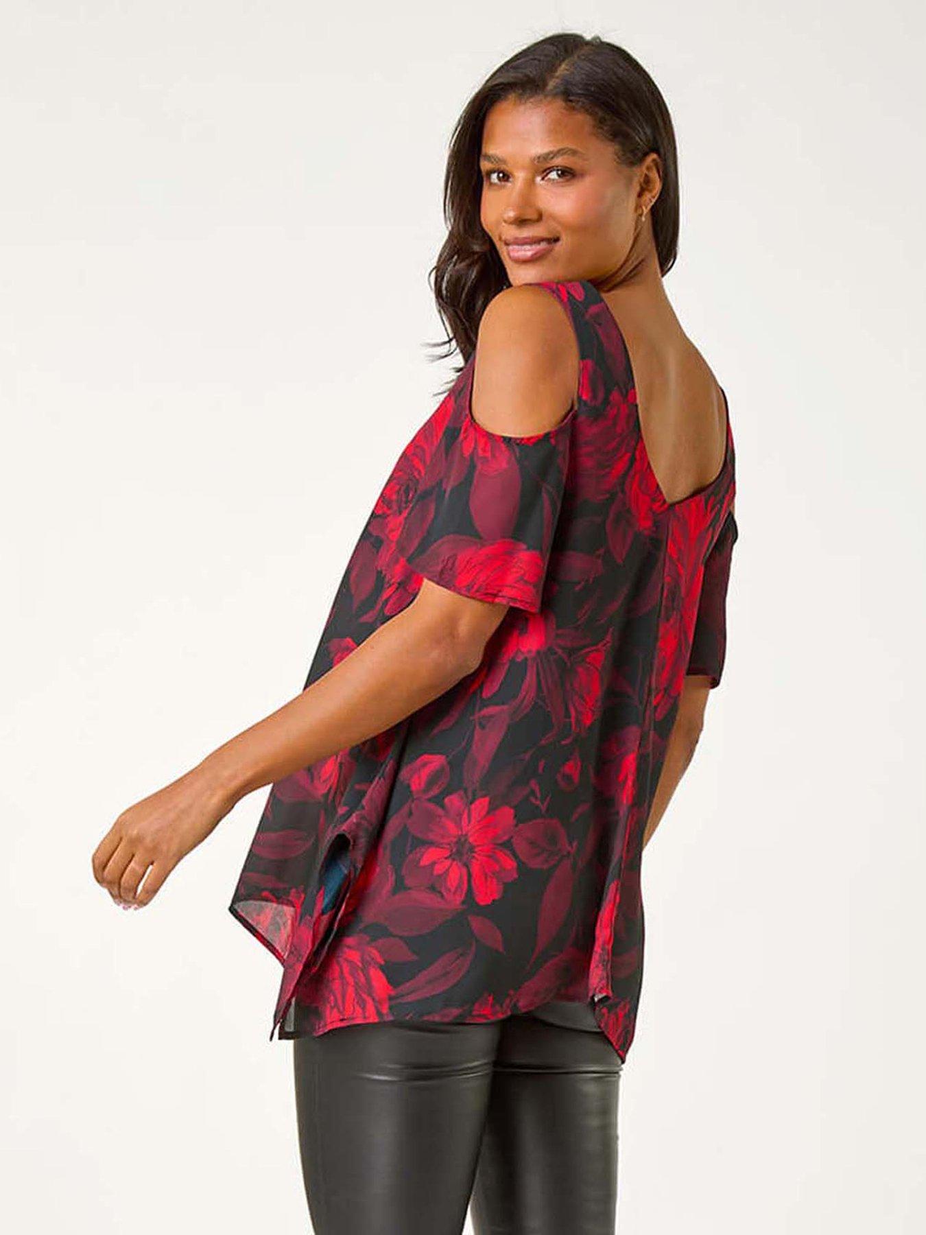 roman-floral-print-cold-shoulder-asymmetric-top-redstillFront