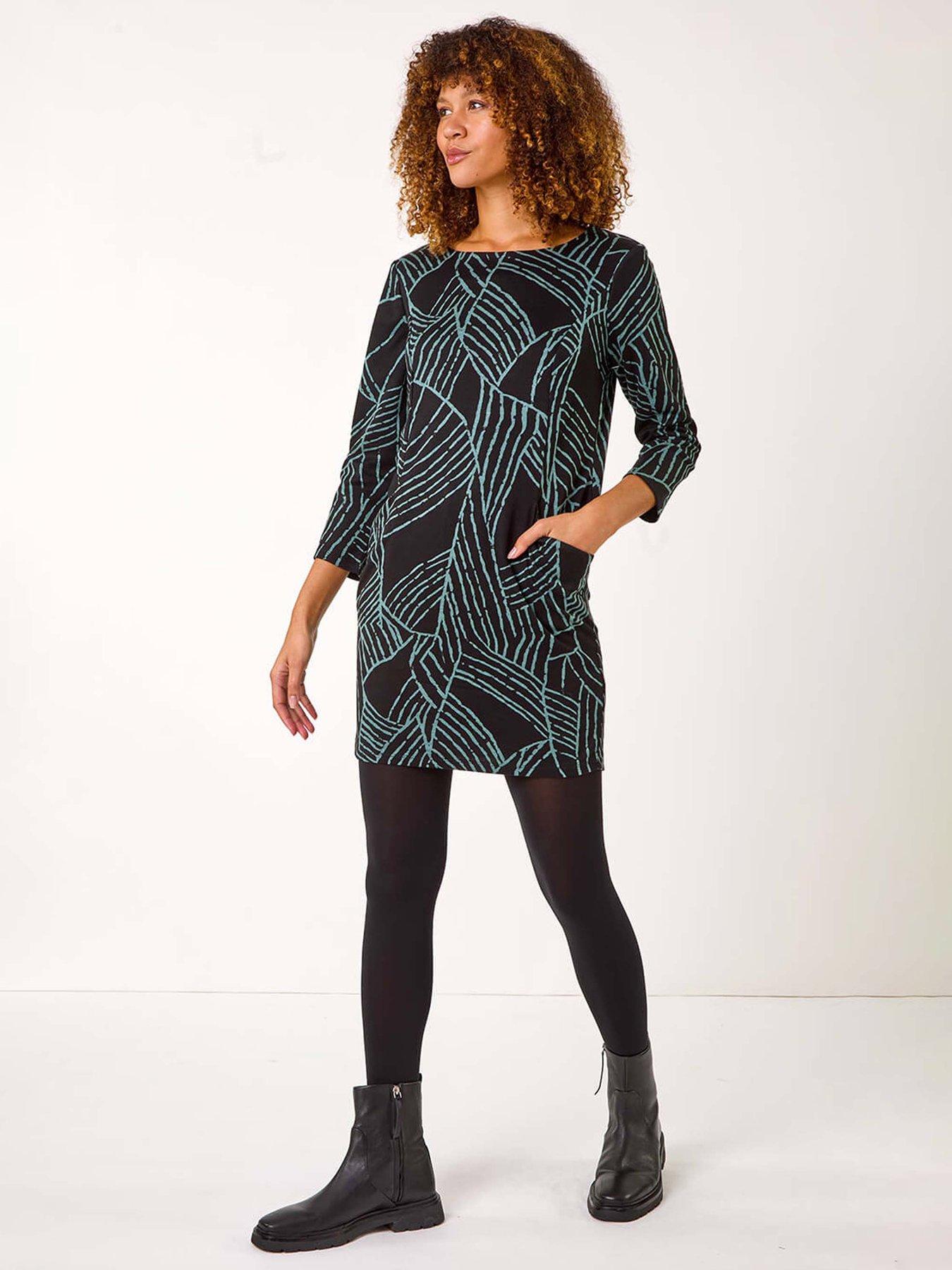 Roman Abstract Print Pocket Detail Tunic Dress - Green