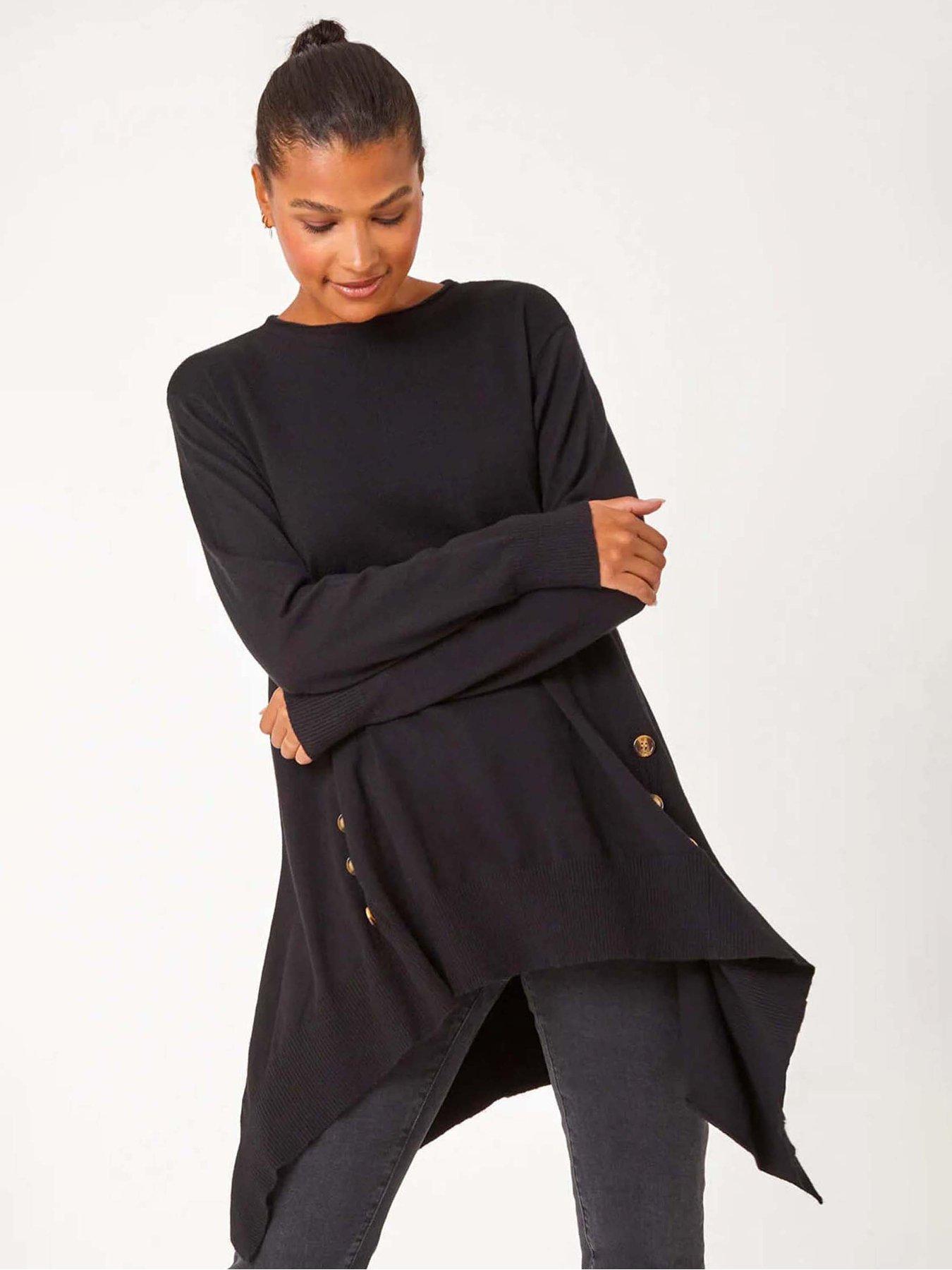 Roman Buttoned Side Hanky Hem Jumper - Black