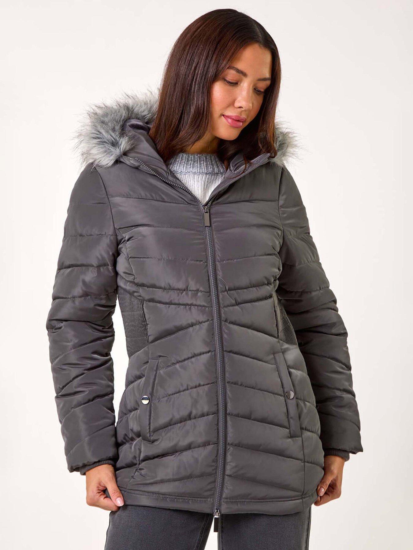 Image 1 of 5 of Roman Faux Fur Hooded Quilt Coat - Grey
