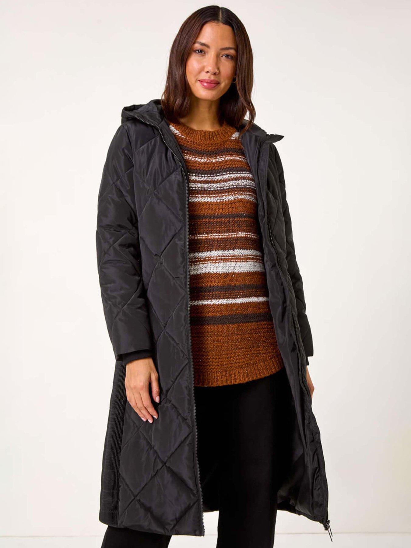 Roman Longline Diamond Quilt Hooded Coat - Black