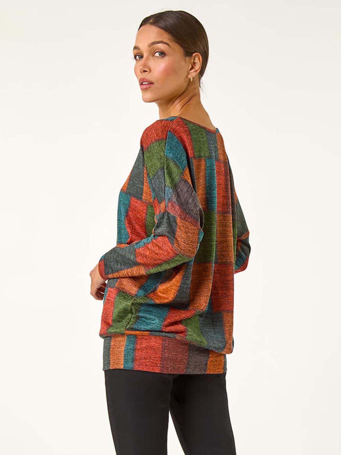 Image 2 of 5 of Roman Patchwork Print Drop Shoulder Stretch Top - Red