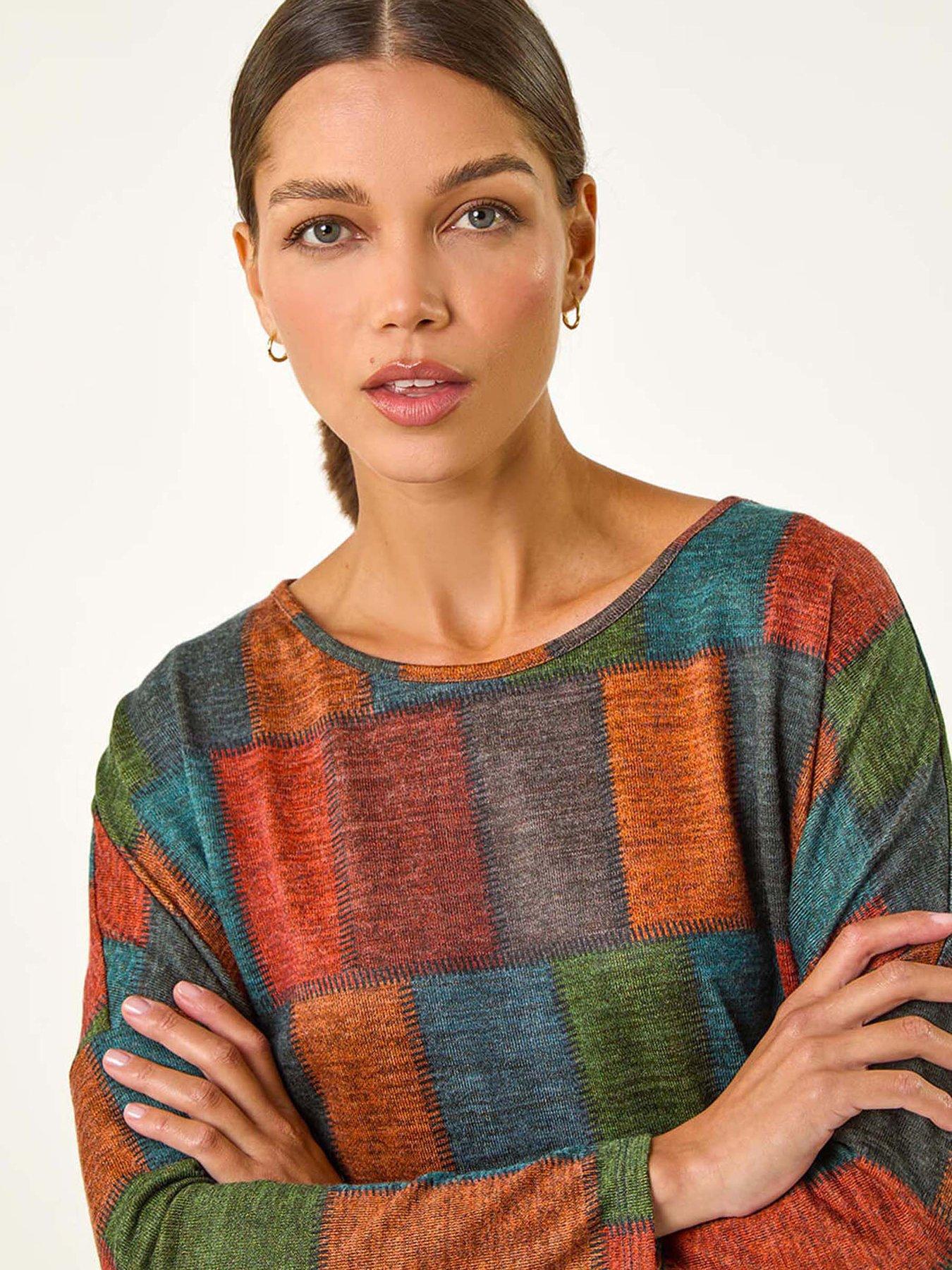 Image 4 of 5 of Roman Patchwork Print Drop Shoulder Stretch Top - Red