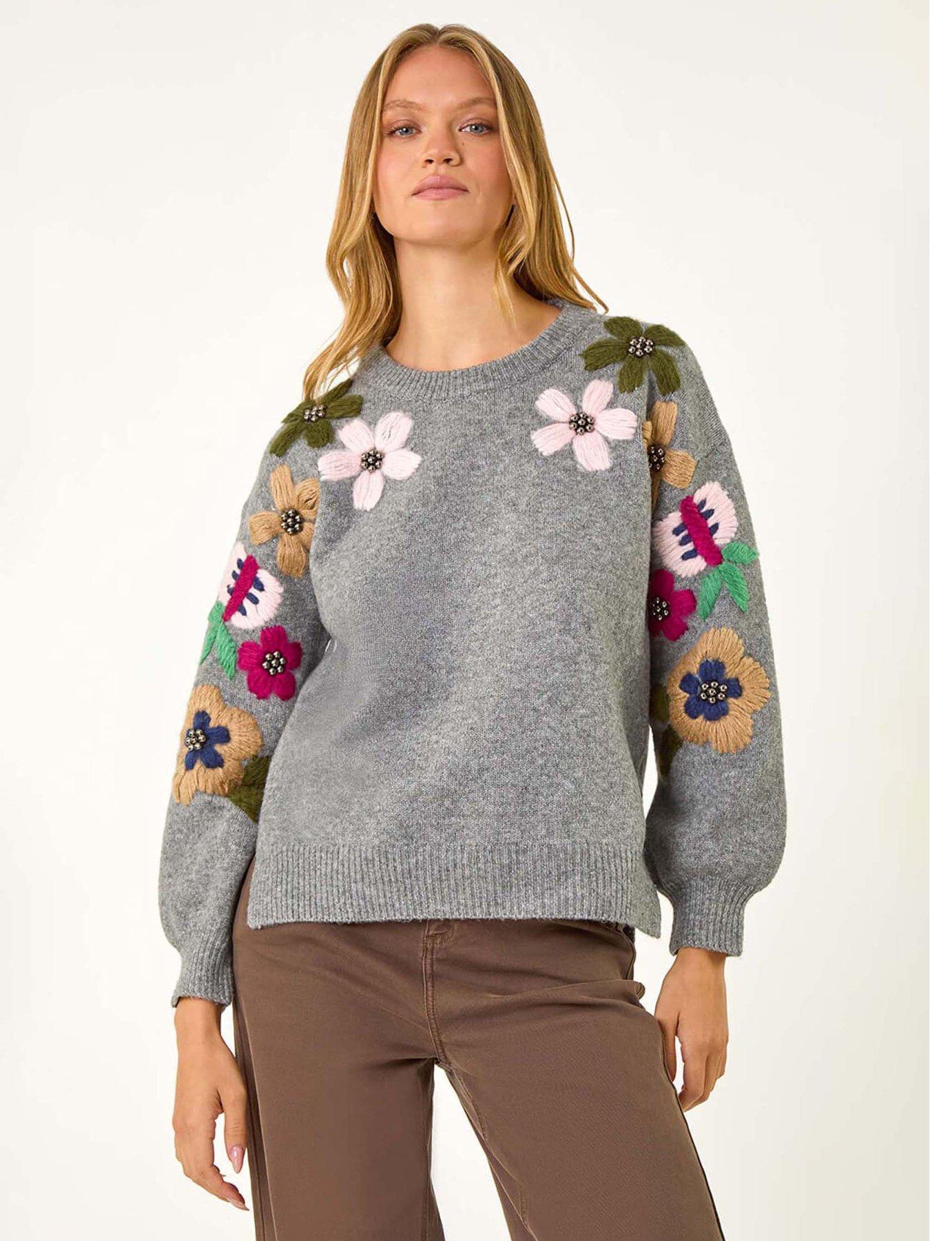 Roman Floral Embellished Jumper - Grey