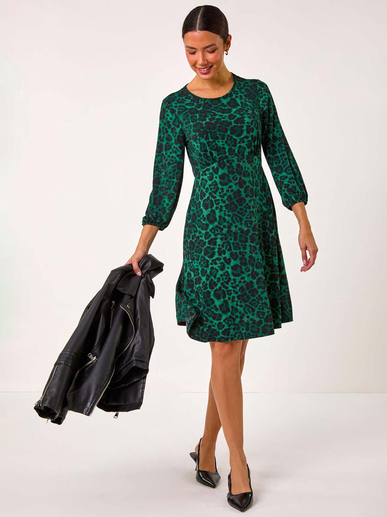 Roman Animal Print A-line Gathered Dress - Green