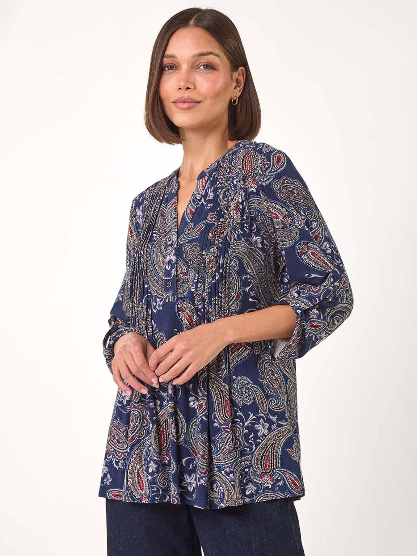 Roman Paisley Print Pintuck Stretch Shirt - Navy