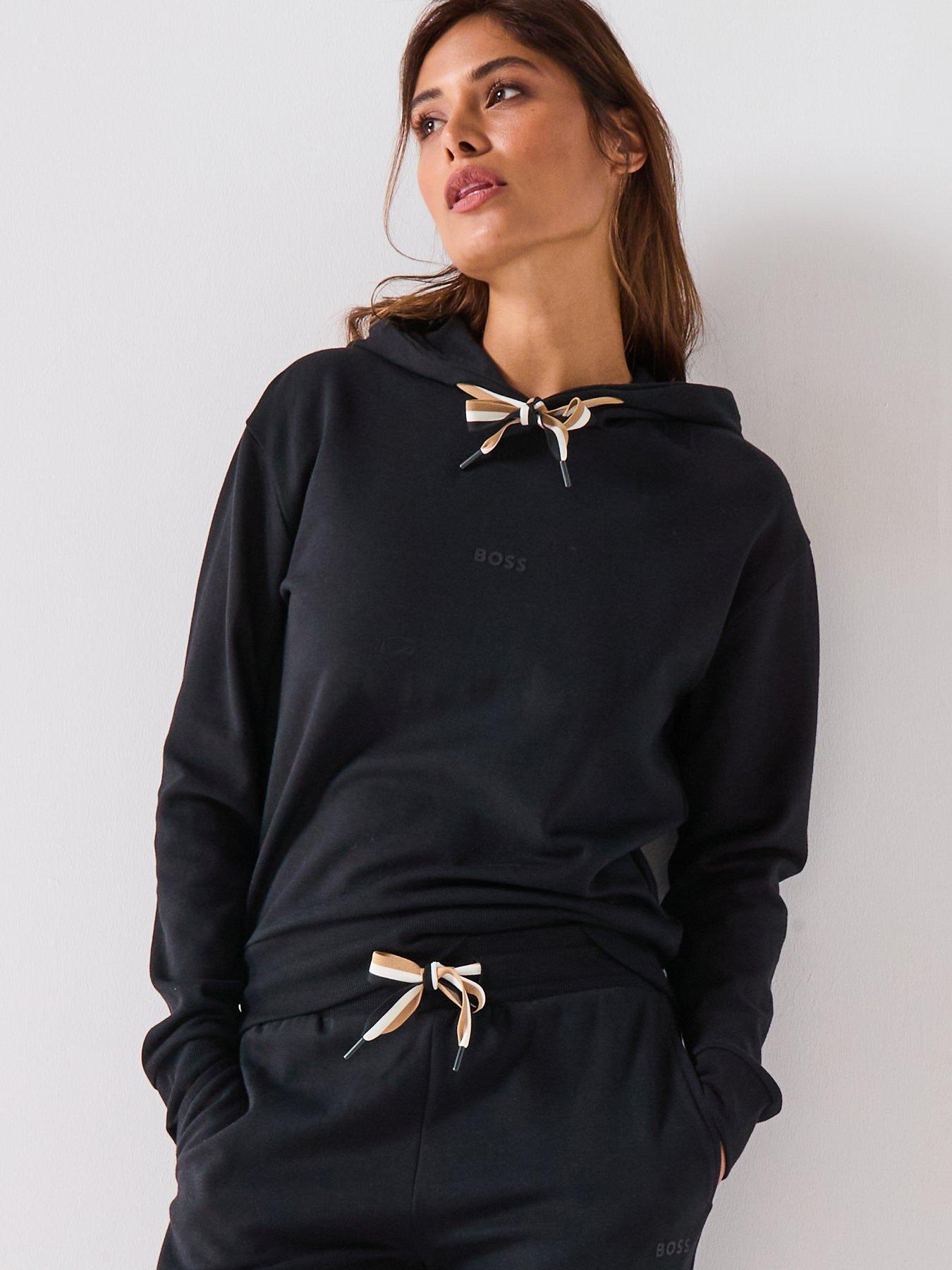 BOSS Logo Print Hoodie With Signature Stripe Cords - Black