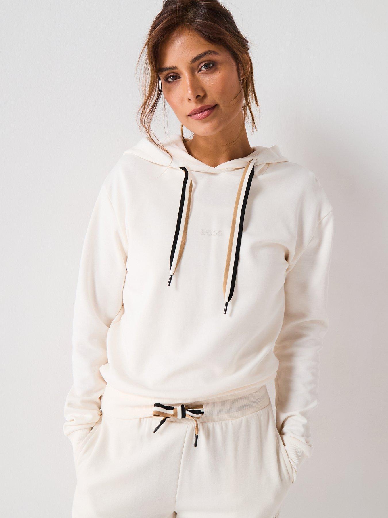 BOSS Logo Print Hoodie With Signature Stripe Cords - Cream