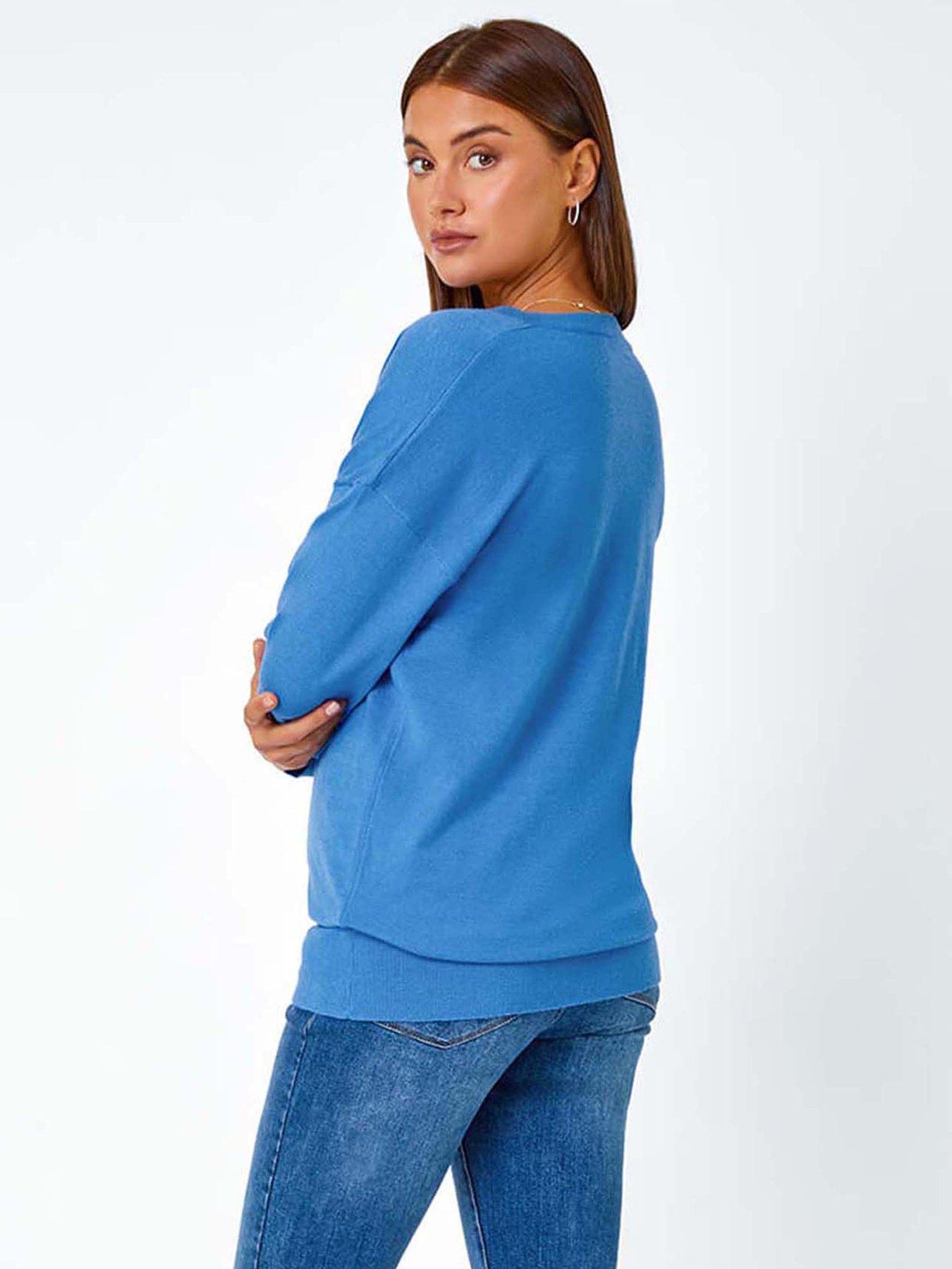 Image 2 of 5 of Roman Plain Stretch V-neck Longline Jumper - Blue