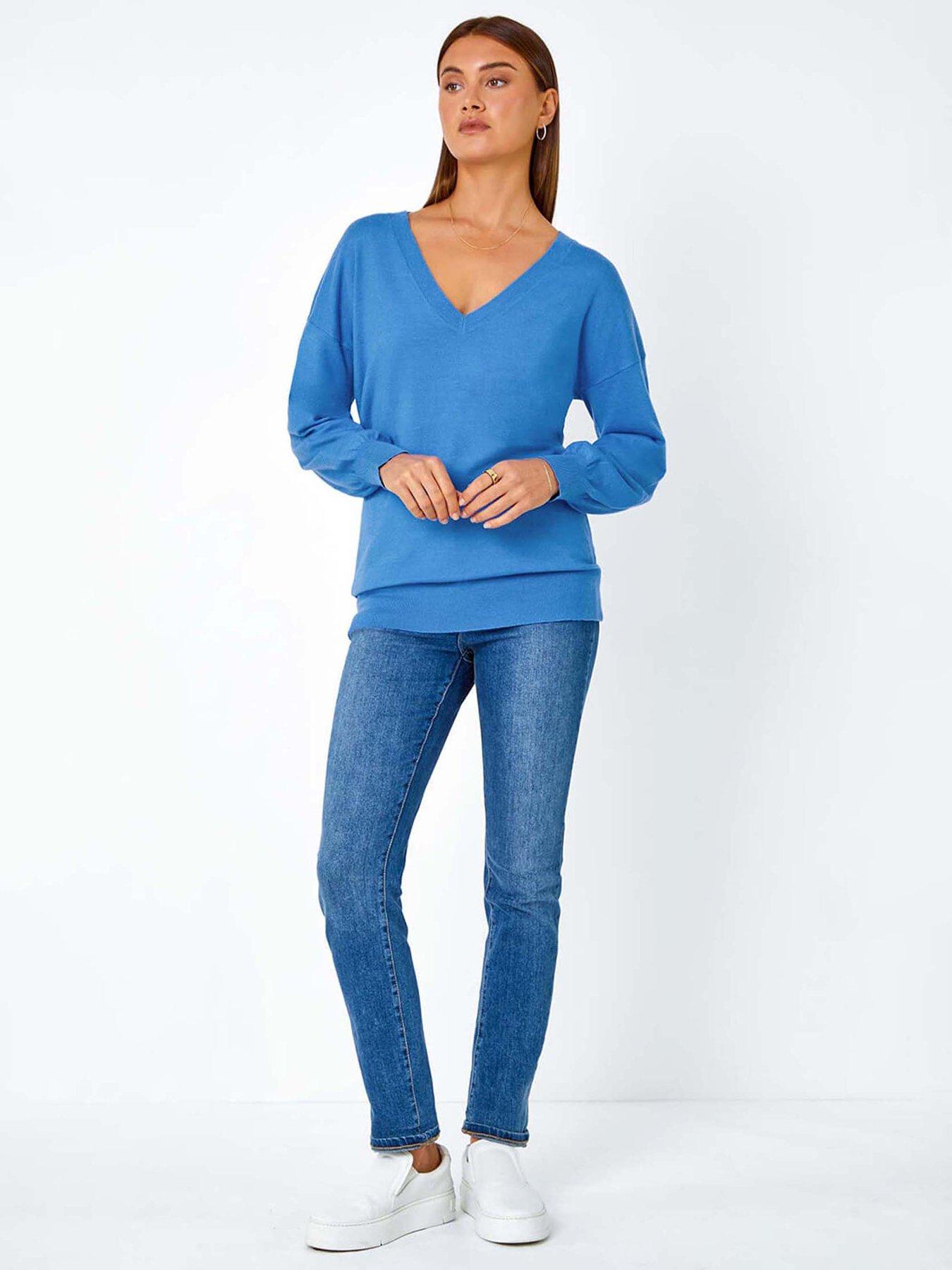 Image 3 of 5 of Roman Plain Stretch V-neck Longline Jumper - Blue