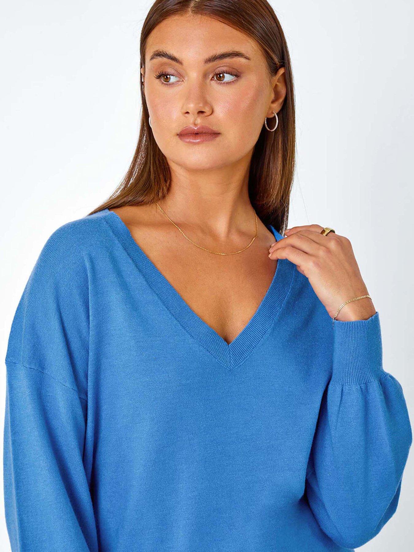 Image 4 of 5 of Roman Plain Stretch V-neck Longline Jumper - Blue