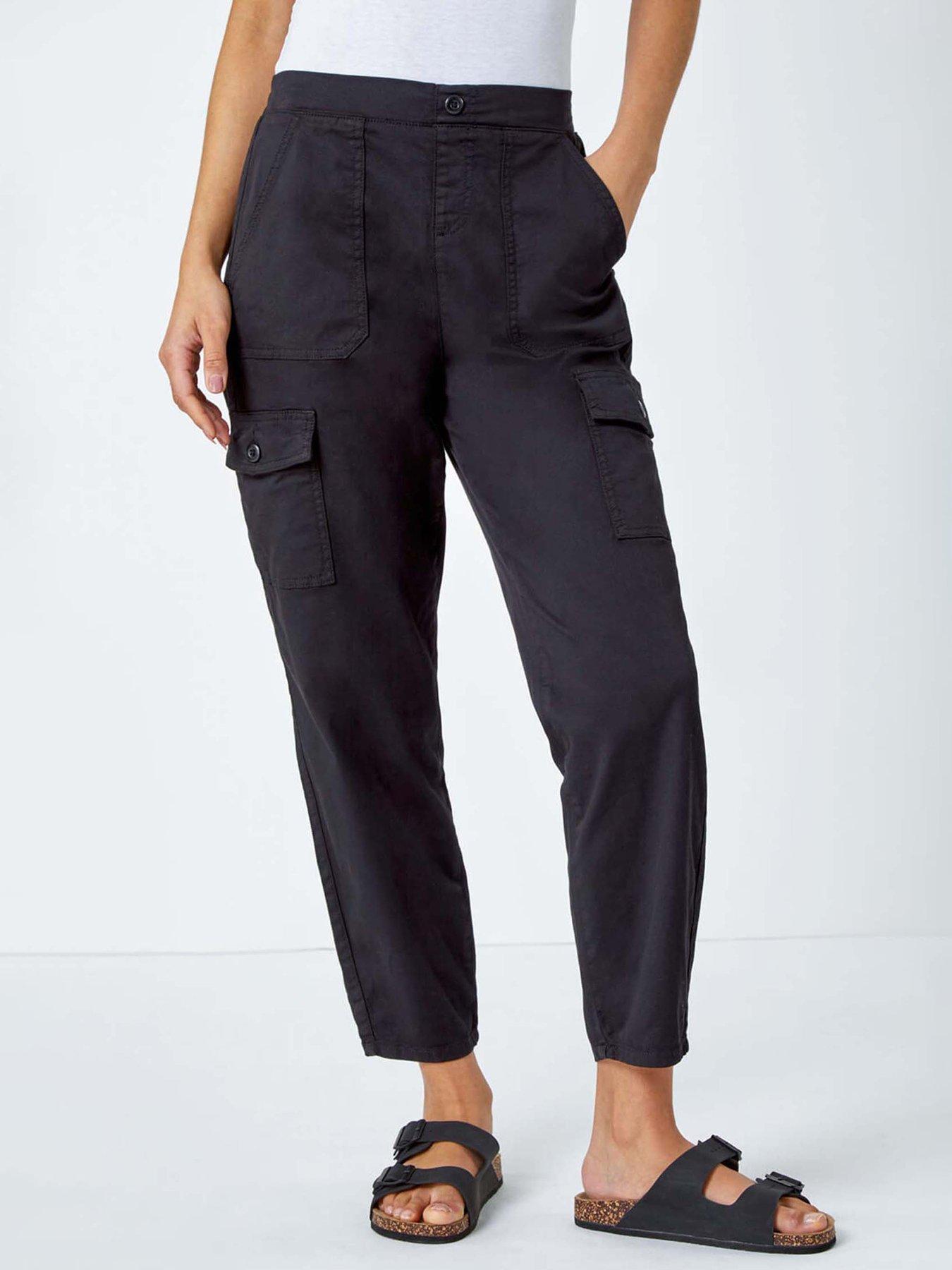roman-casual-elastic-waist-cargo-stretch-trousers-black