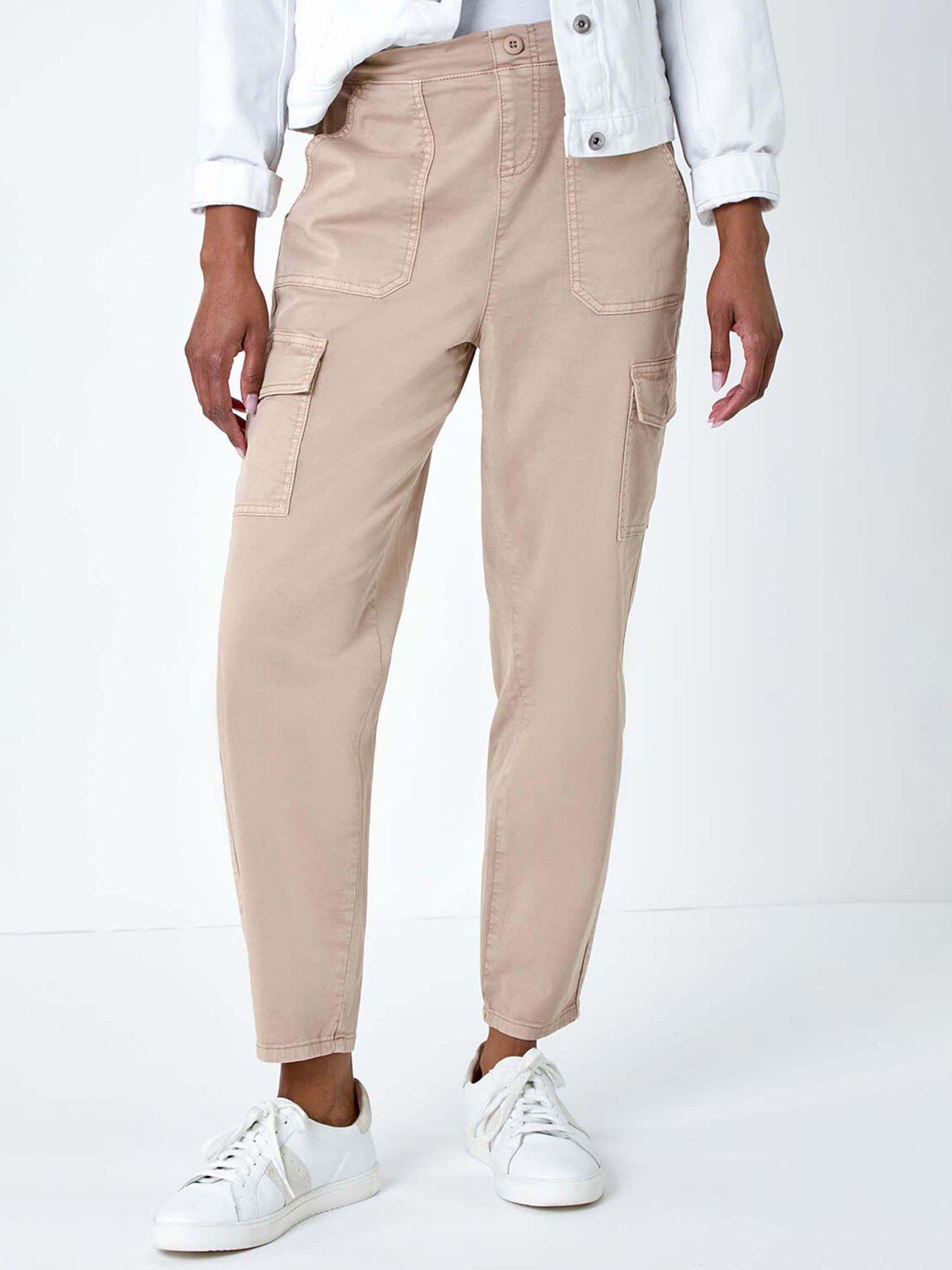 Roman Casual Elastic Waist Cropped Cargo Trousers - Beige