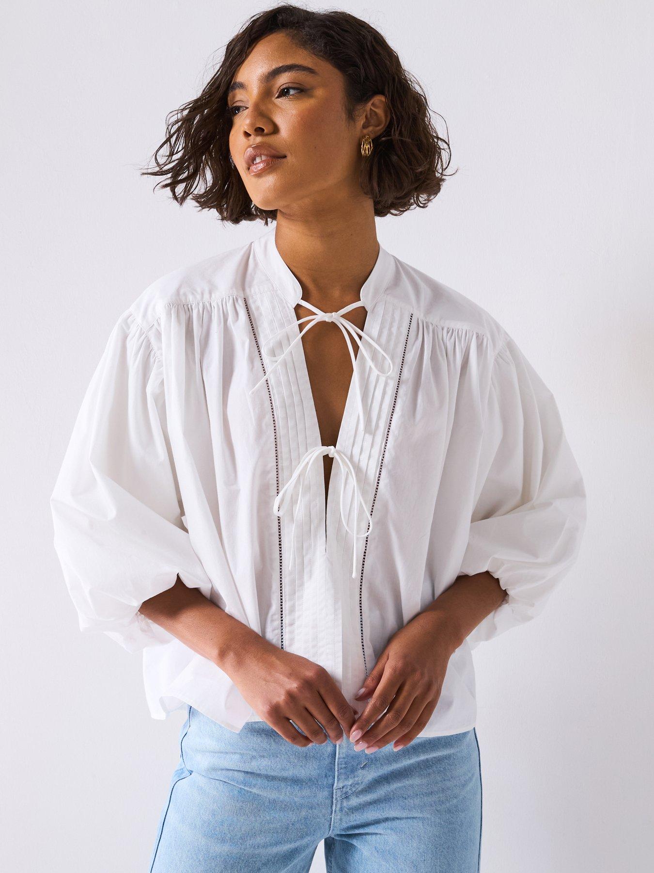 undefined Puffy Sleeve Shirt With Front Ties - White