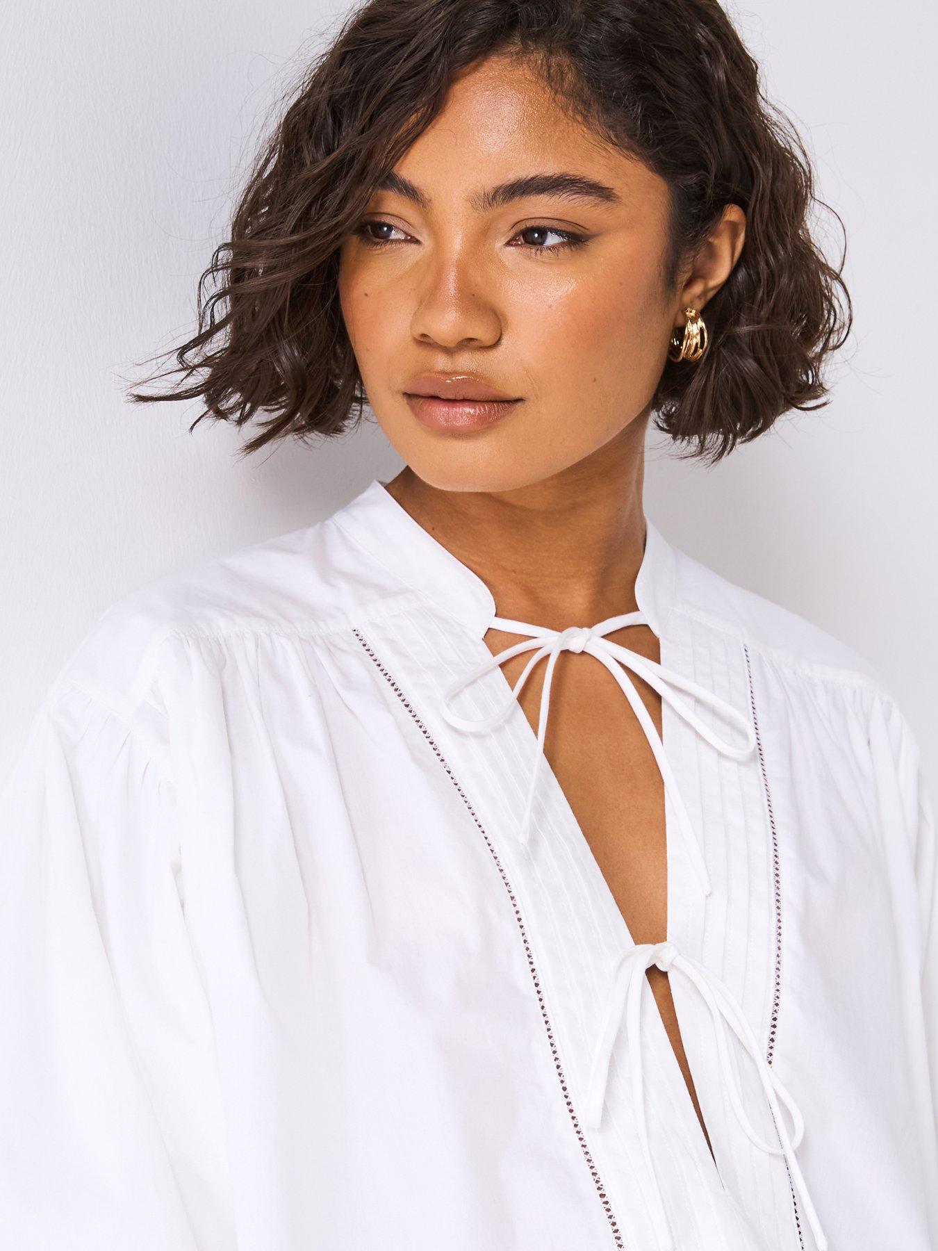 Image 6 of 6 of BOSS Bale Puff Sleeve Shirt With Front Ties - White