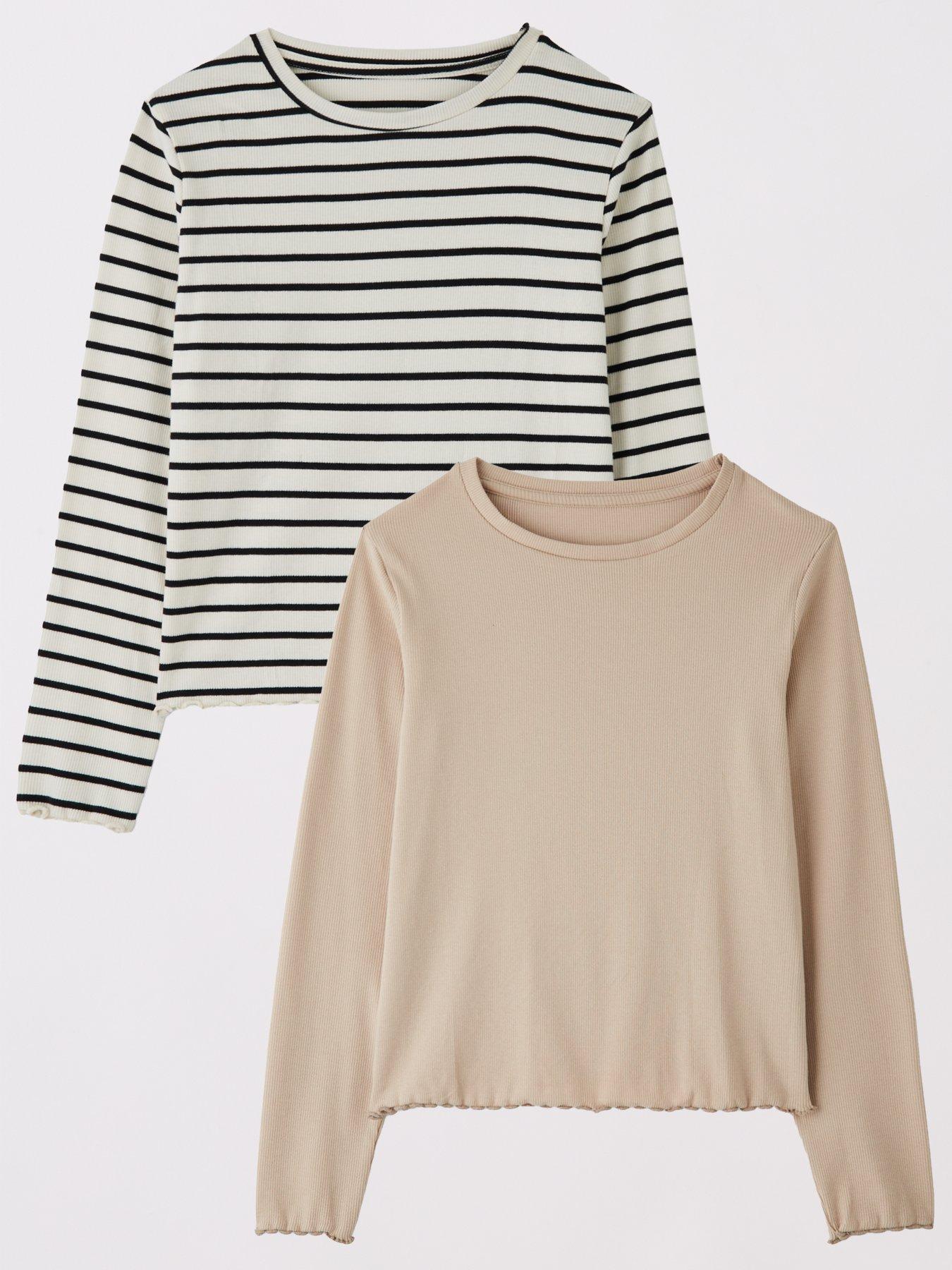 The Very Collection Girls Long Sleeve Rib T-Shirts - Beige Stripe