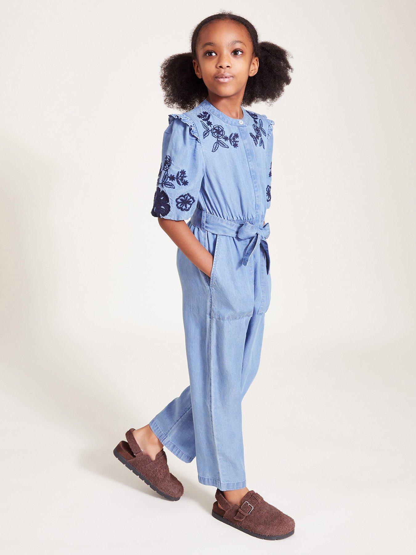 undefined Girls Floral Embroidered Chambray Jumpsuit - Blue