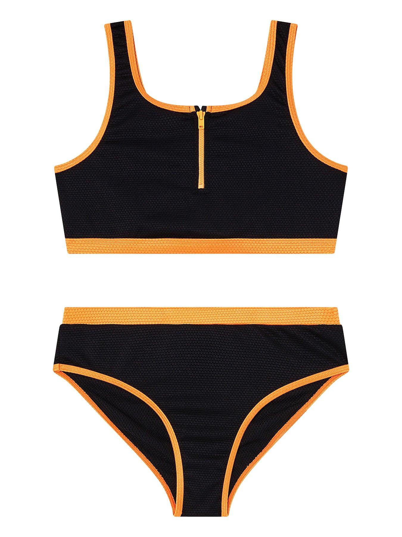 Image 1 of 3 of Monsoon Girls Sporty Bralette Bikini Set - Black/Orange