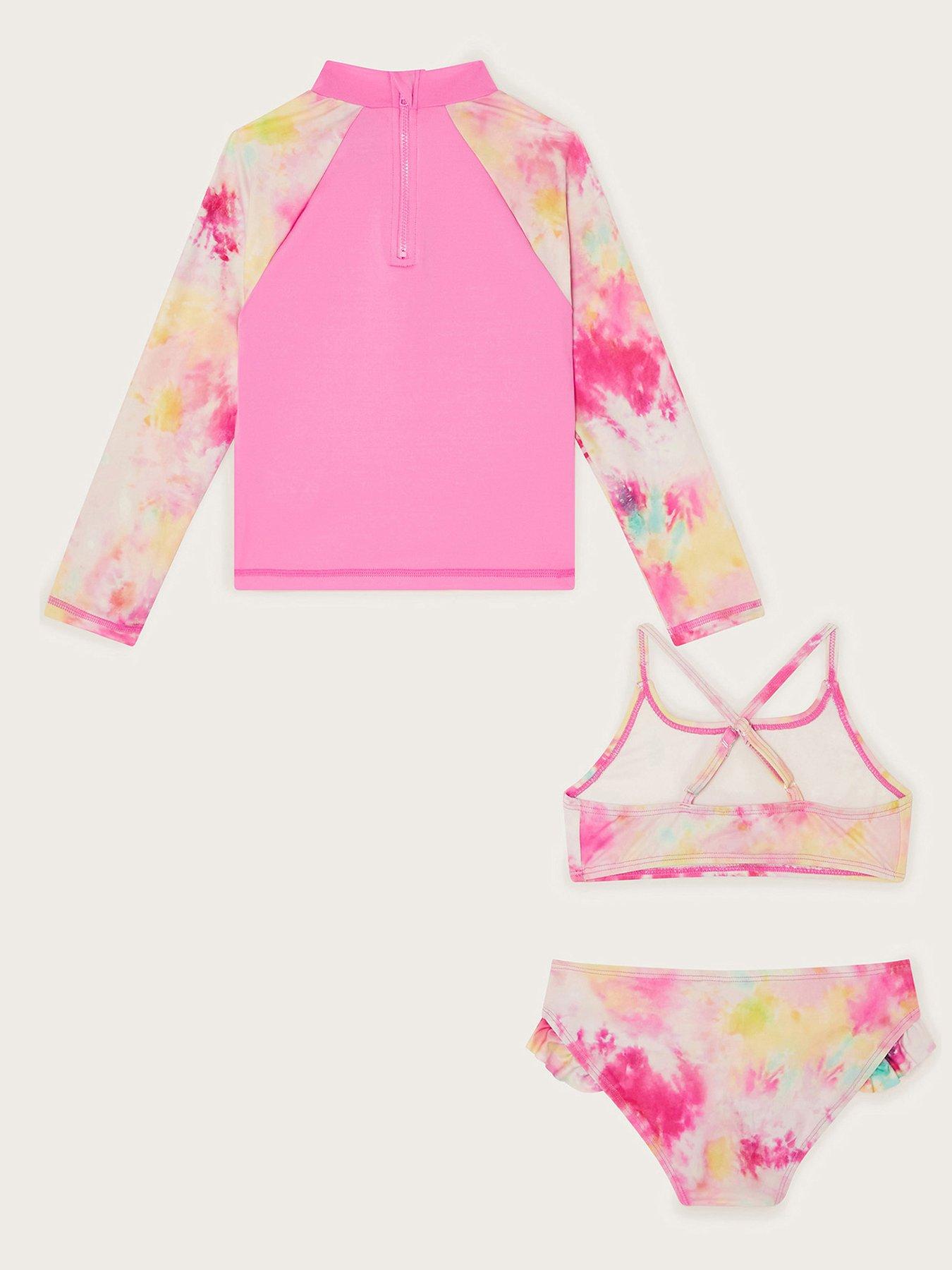 Image 2 of 3 of Monsoon Girls Tie Dye Long Sleeve Swim Top And Bikini Set - Pink