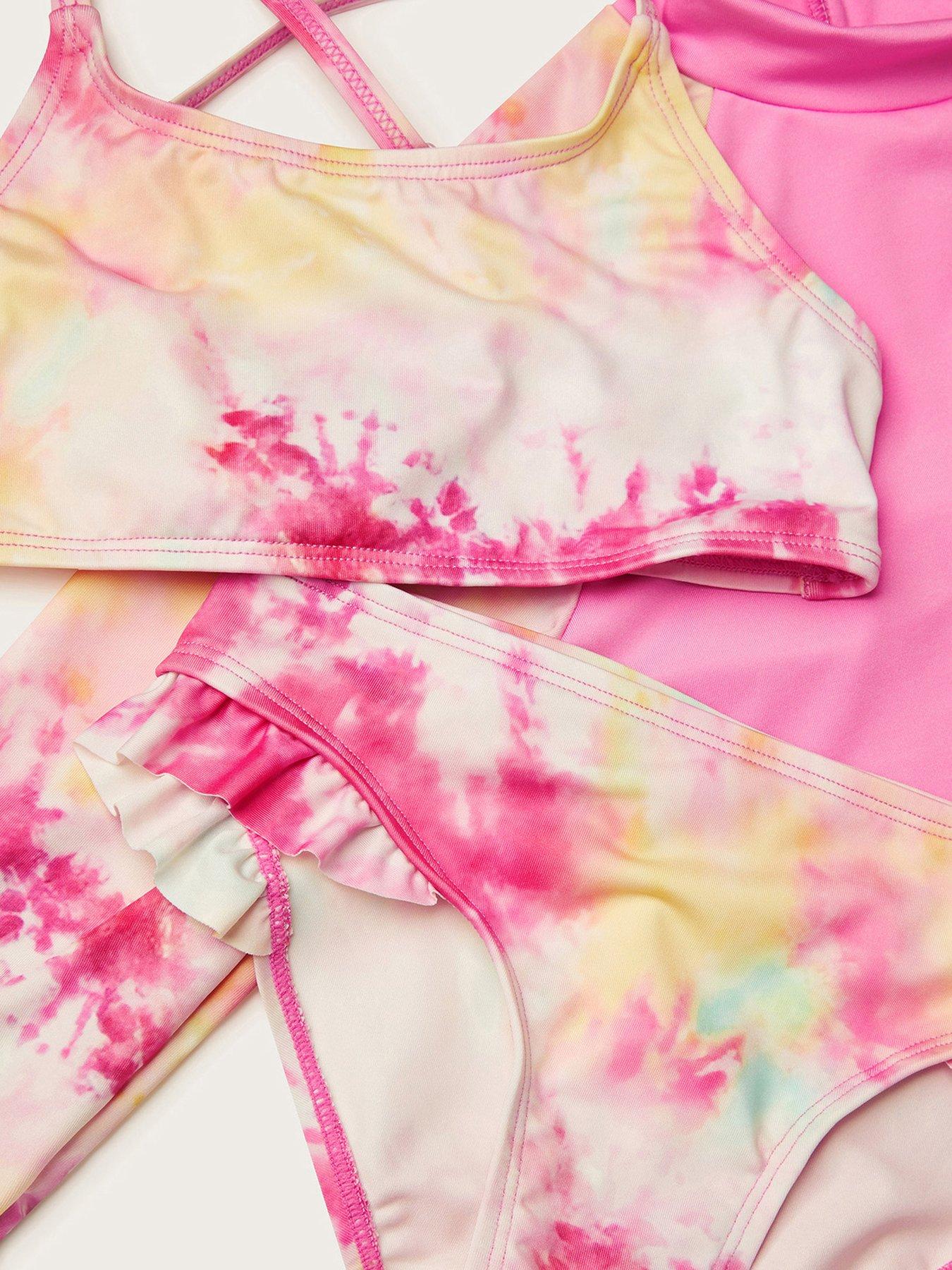 Image 3 of 3 of Monsoon Girls Tie Dye Long Sleeve Swim Top And Bikini Set - Pink
